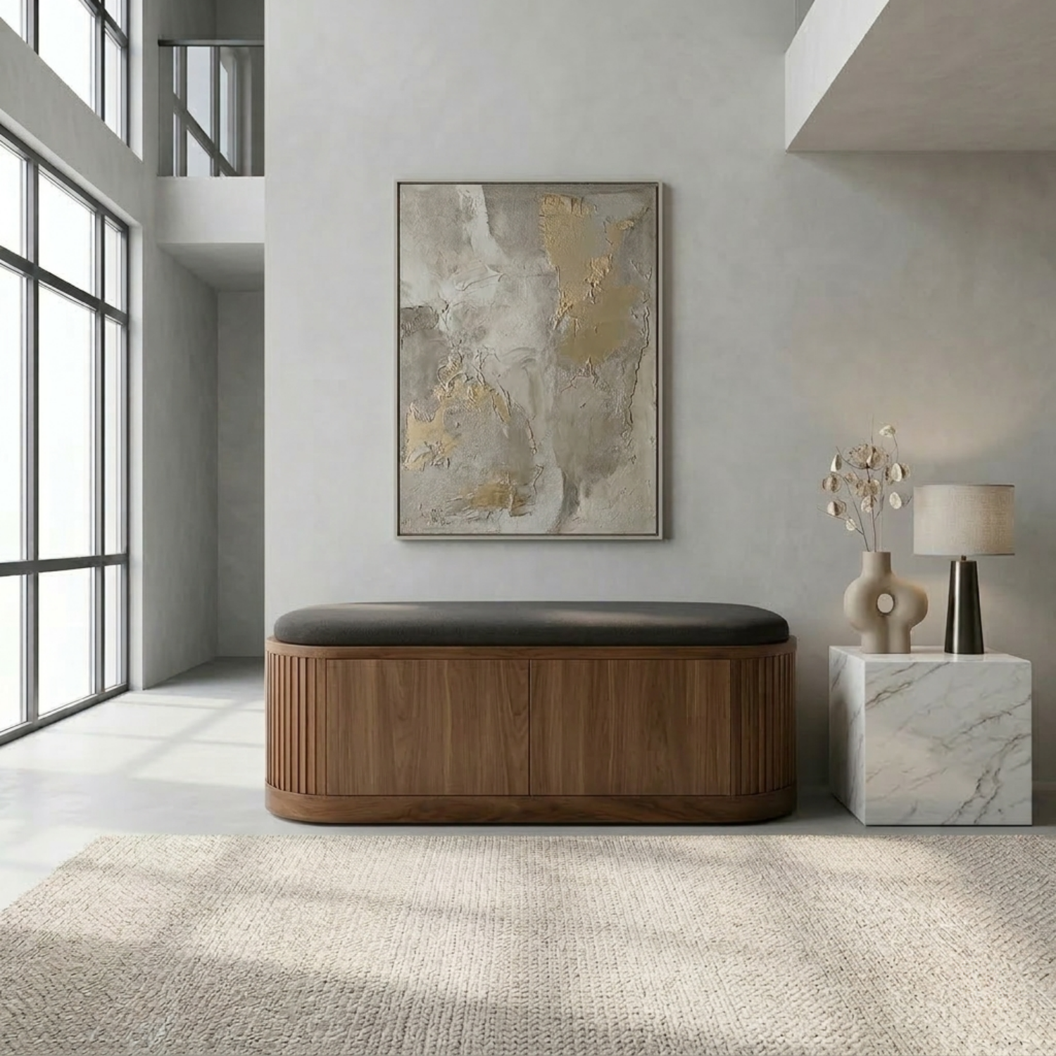 Solid Wood Shoe Storage Bench with Fluted Sides and Hidden Cabinet Entryway Bench