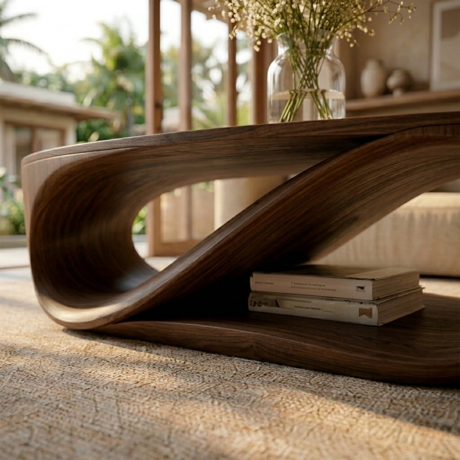 Sculptural Solid Wood Coffee Table with Open Shelf – Modern Organic Living Room Table