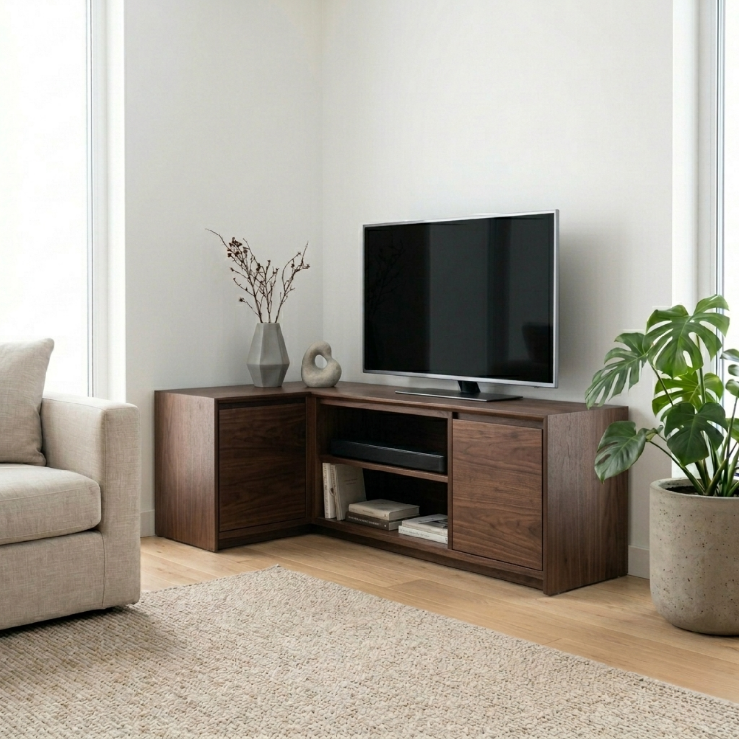 Solid Wood Corner TV Stand with Cabinet Storage and Open Media Shelves