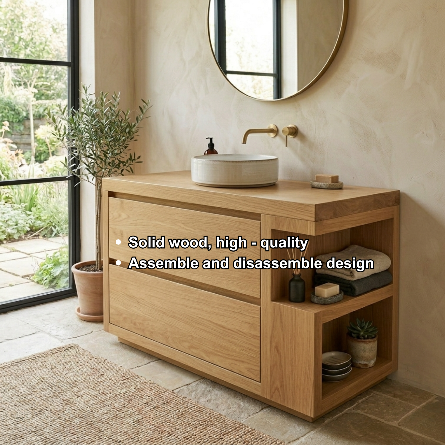 Solid Wood Bathroom Vanity with Two Drawers and Side Open Shelves