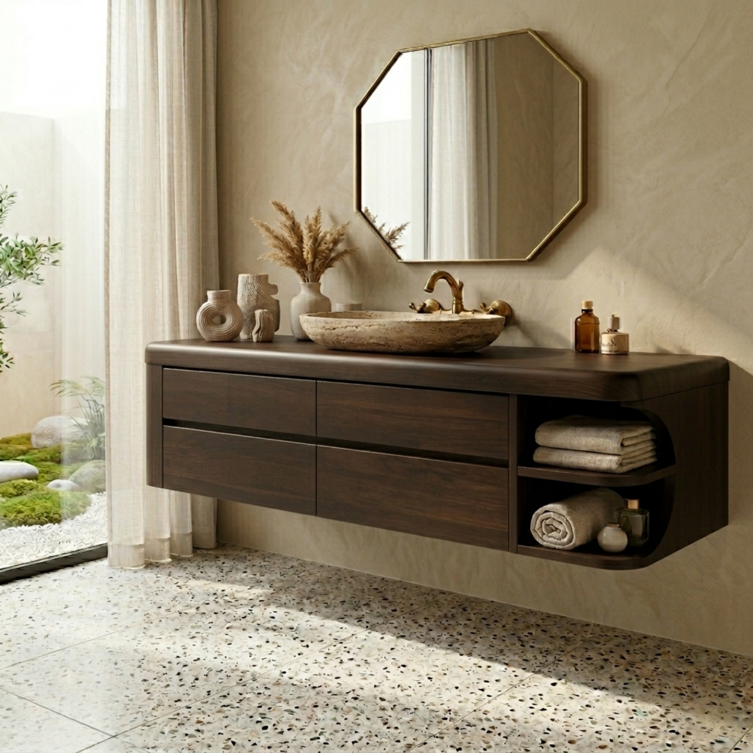 Floating Solid Wood Bathroom Vanity with Four Drawers and Rounded Side Open Shelf
