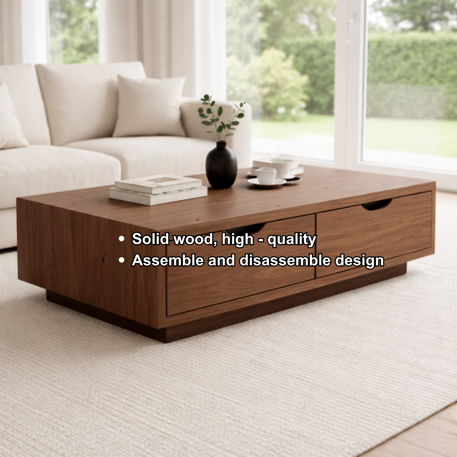 Solid Wood Coffee Table with Storage Drawers – Modern Low Profile Living Room Table