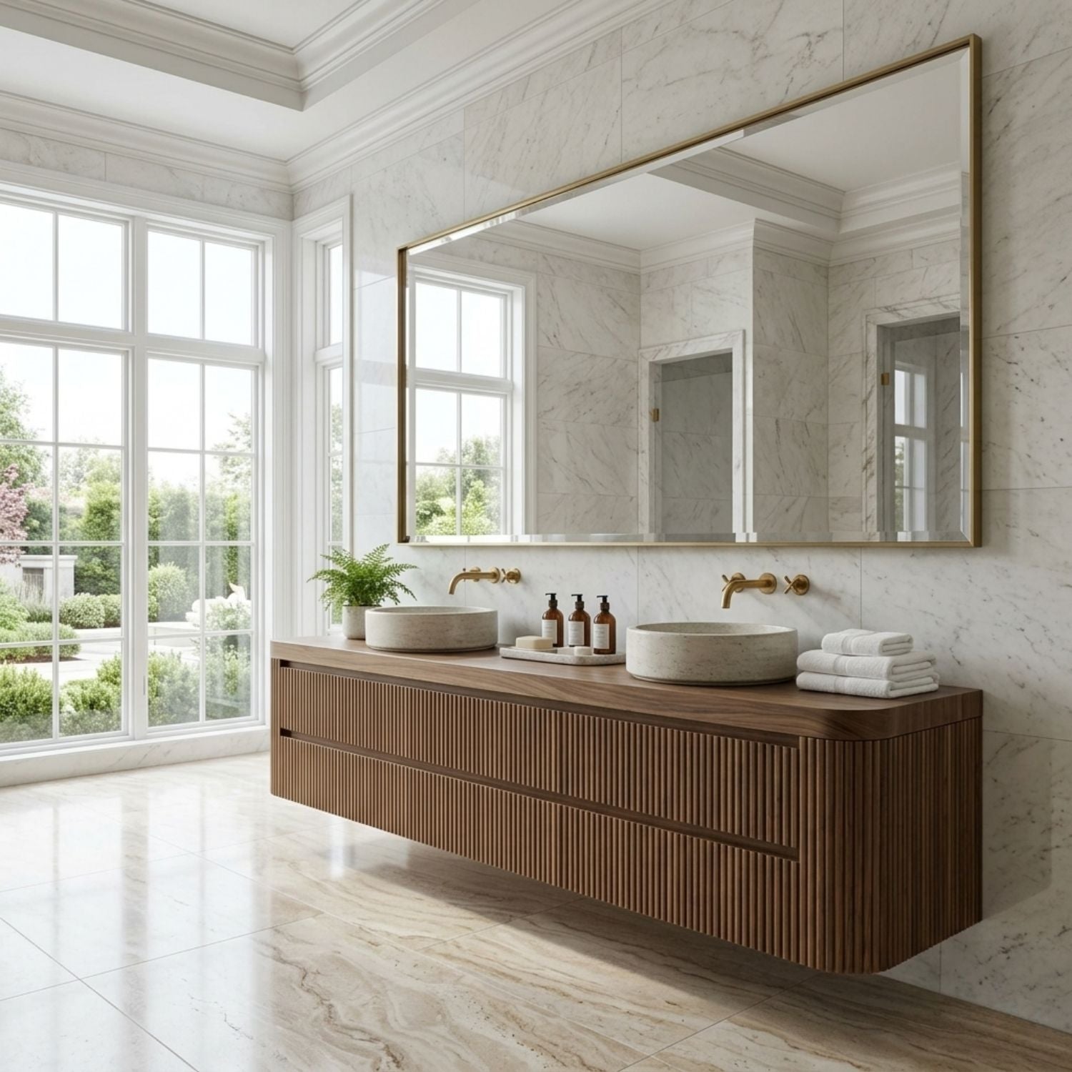 Floating Double Sink Bathroom Vanity with Fluted Front Drawers – Modern Solid Wood