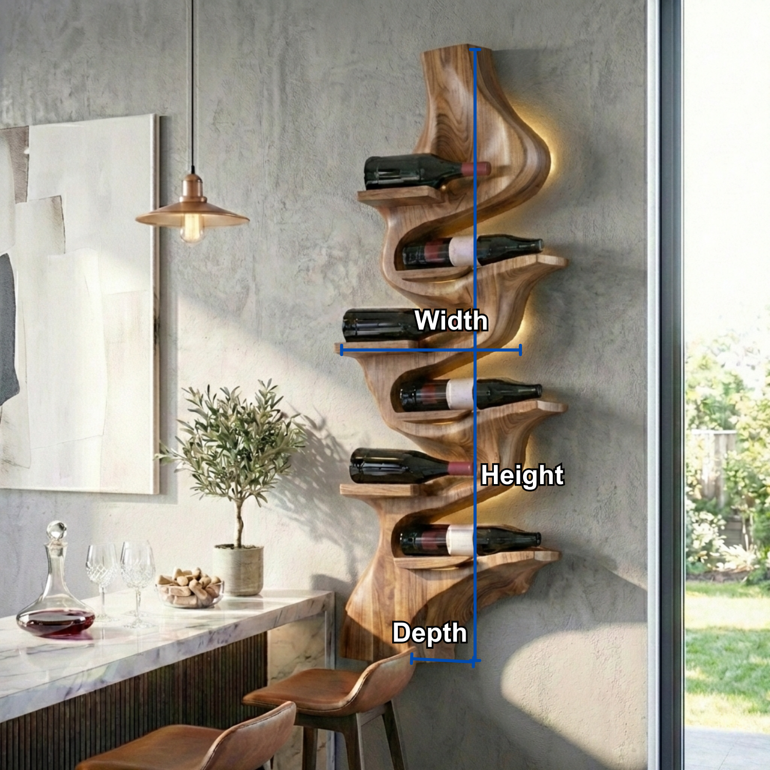 Handcrafted Solid Wood Vertical Wine Holder – Sculptural Wall Mounted Wine Rack