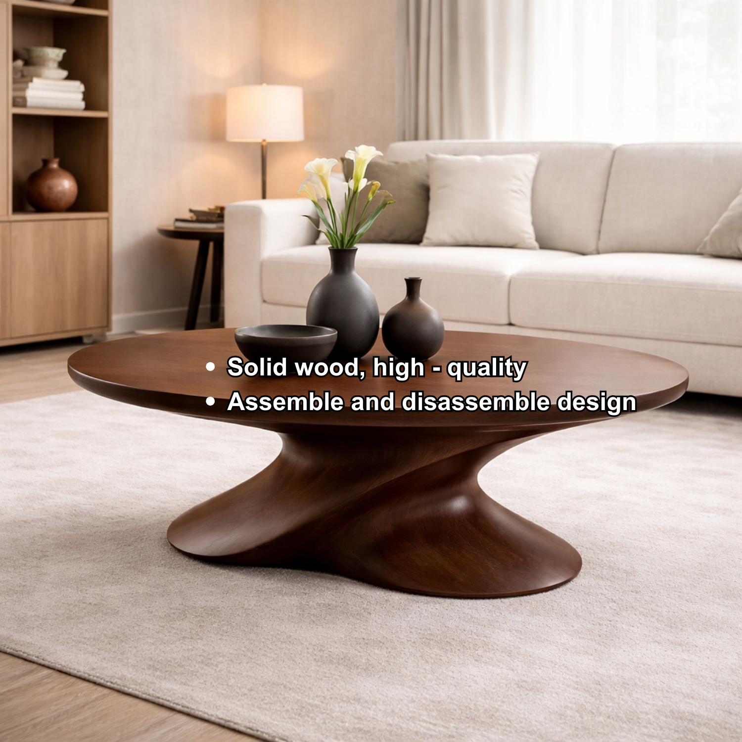Modern Solid Wood Coffee Table with Sculptural Base – Contemporary Round Coffee Table