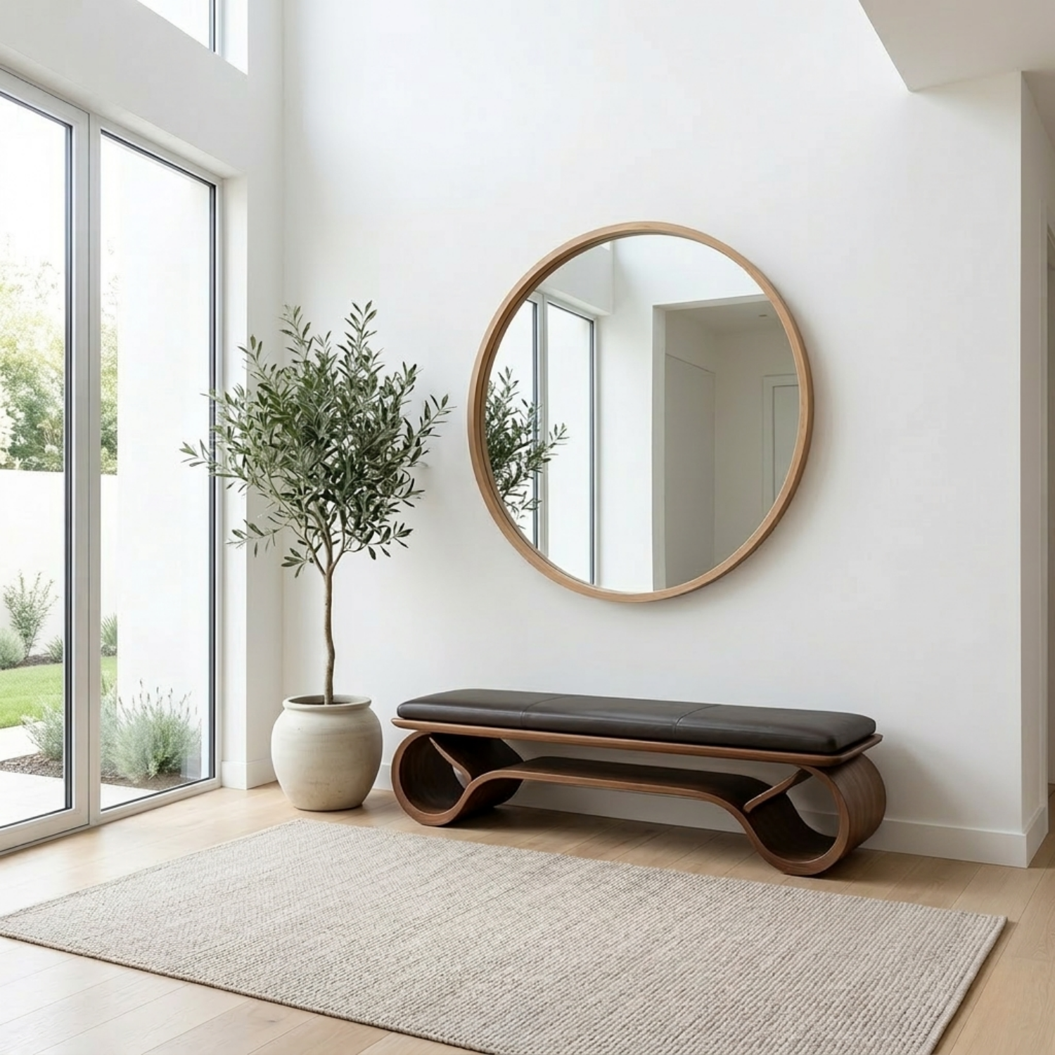 Wave Curve Solid Wood Entryway Bench with Sculptural Base – Modern Organic Style