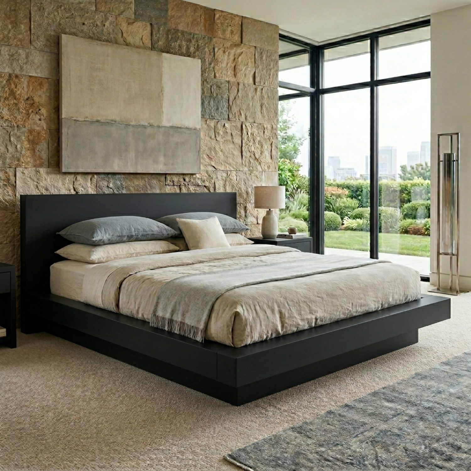 Solid Wood Platform Bed Frame with Thick Frame Base and Wide Panel Headboard