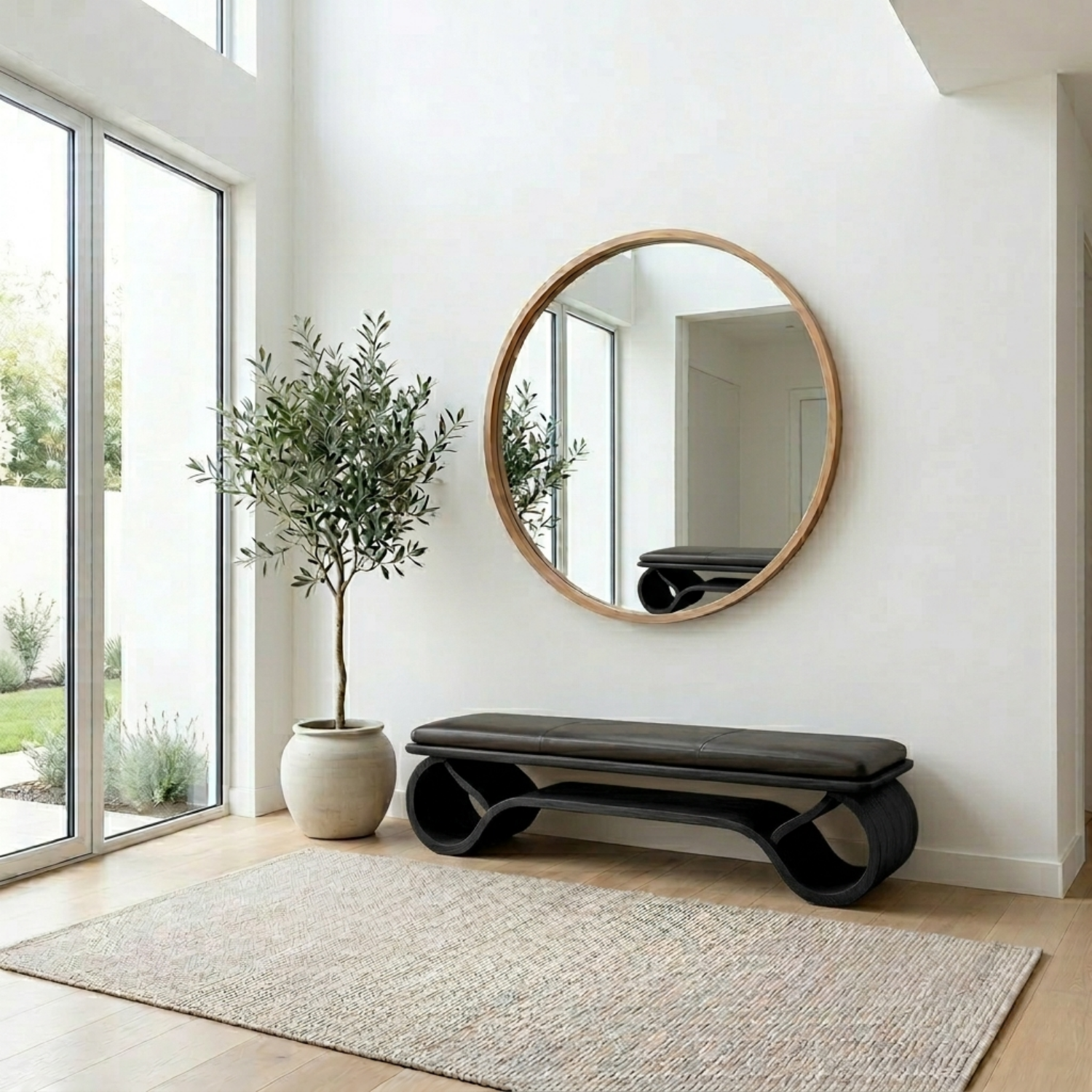 Wave Curve Solid Wood Entryway Bench with Sculptural Base – Modern Organic Style