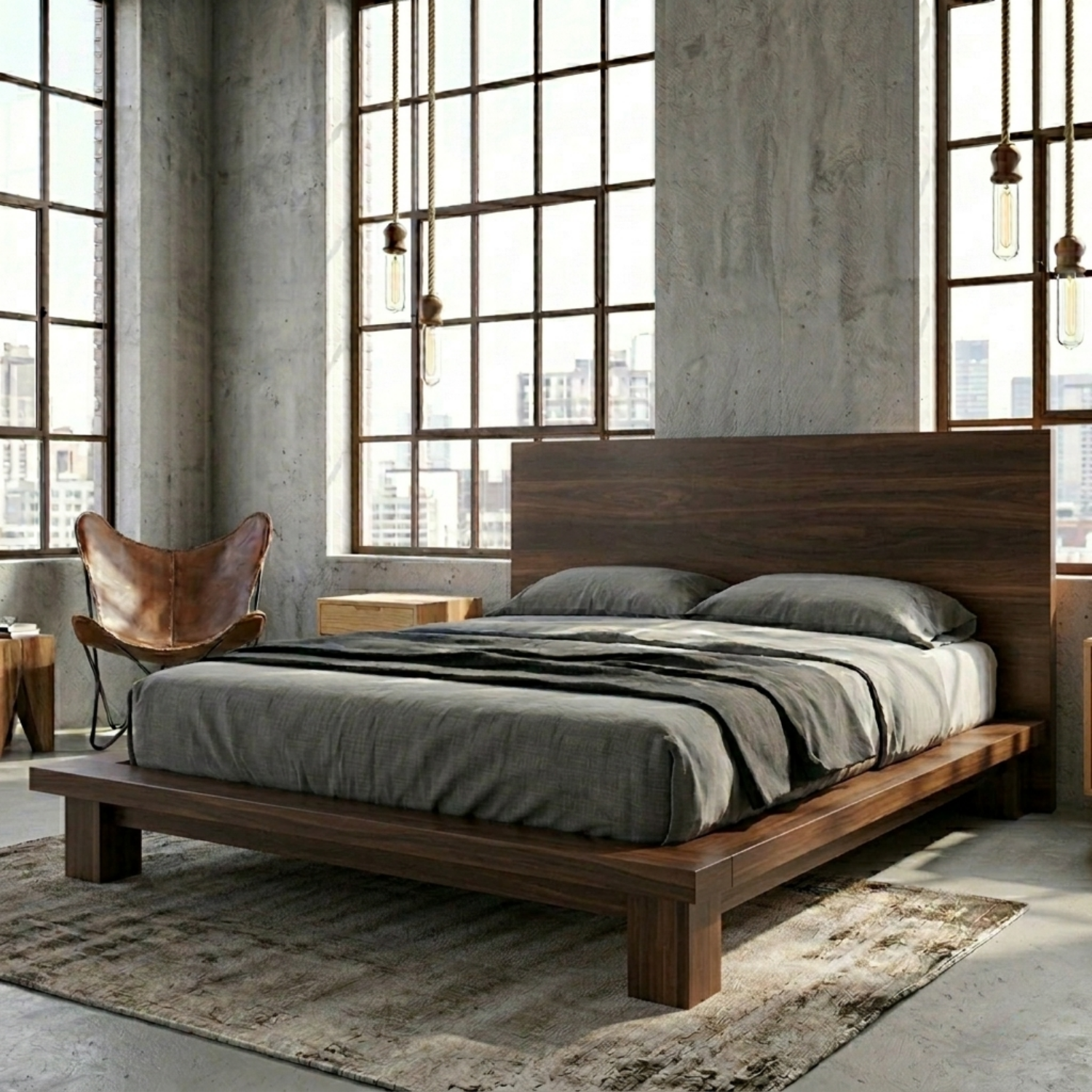 Modern Solid Wood Platform Bed Frame with Wide Panel Headboard and Block Legs