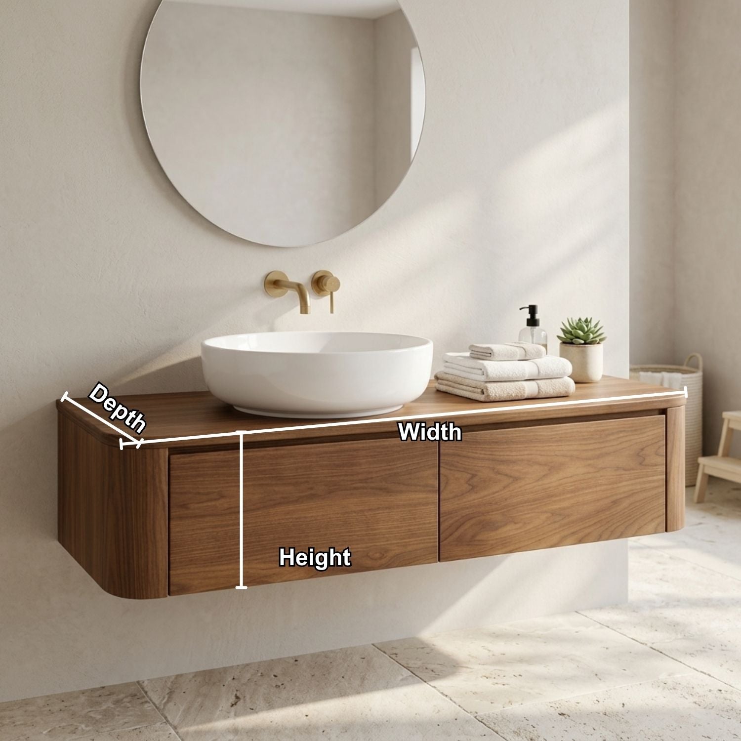Floating Bathroom Vanity with Rounded Corners and Two Drawer Storage Cabinet