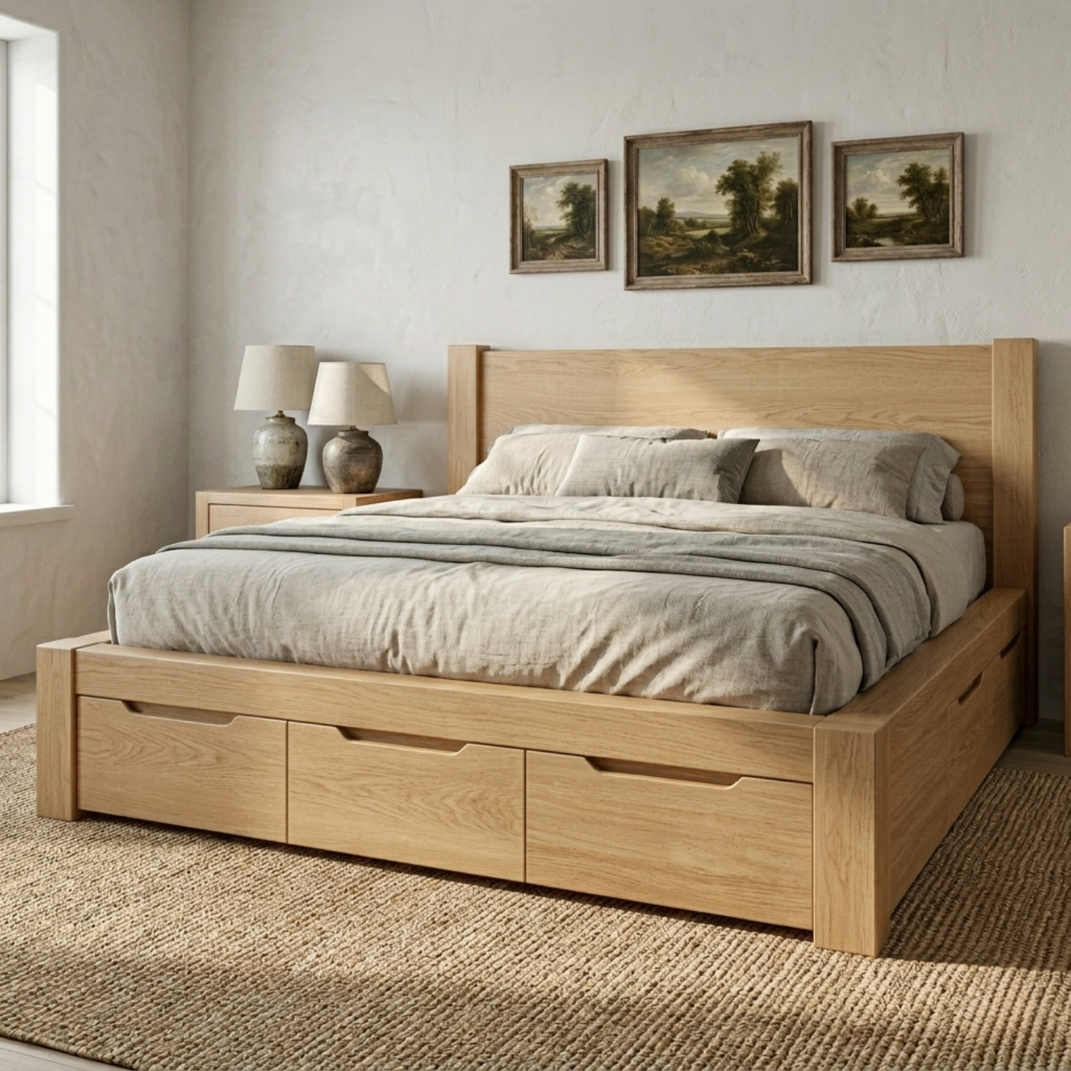 Solid Wood Platform Bed Frame with Underbed Storage Drawers and Panel Headboard