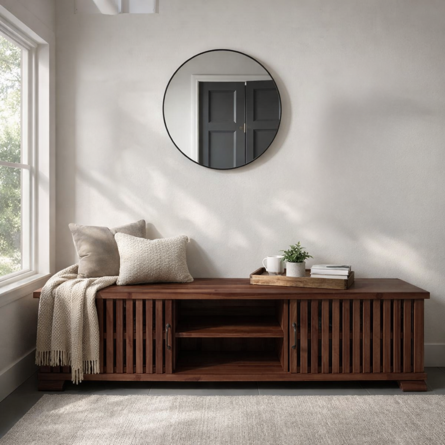 Solid Wood Storage Bench Slatted Doors Low Profile Entryway Bench with Shelf
