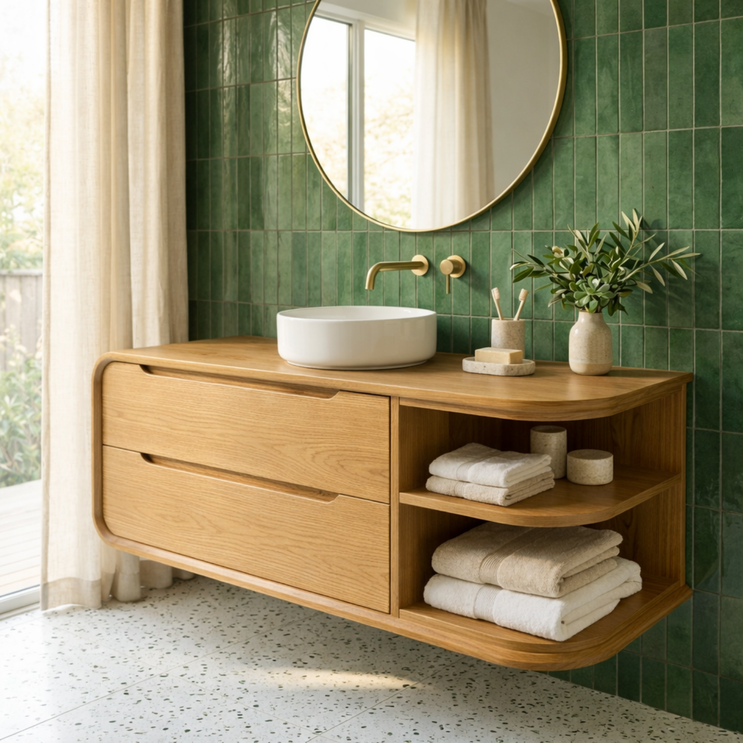 Floating Solid Wood Bathroom Vanity with Rounded Corners, Two Drawers and Open Shelf