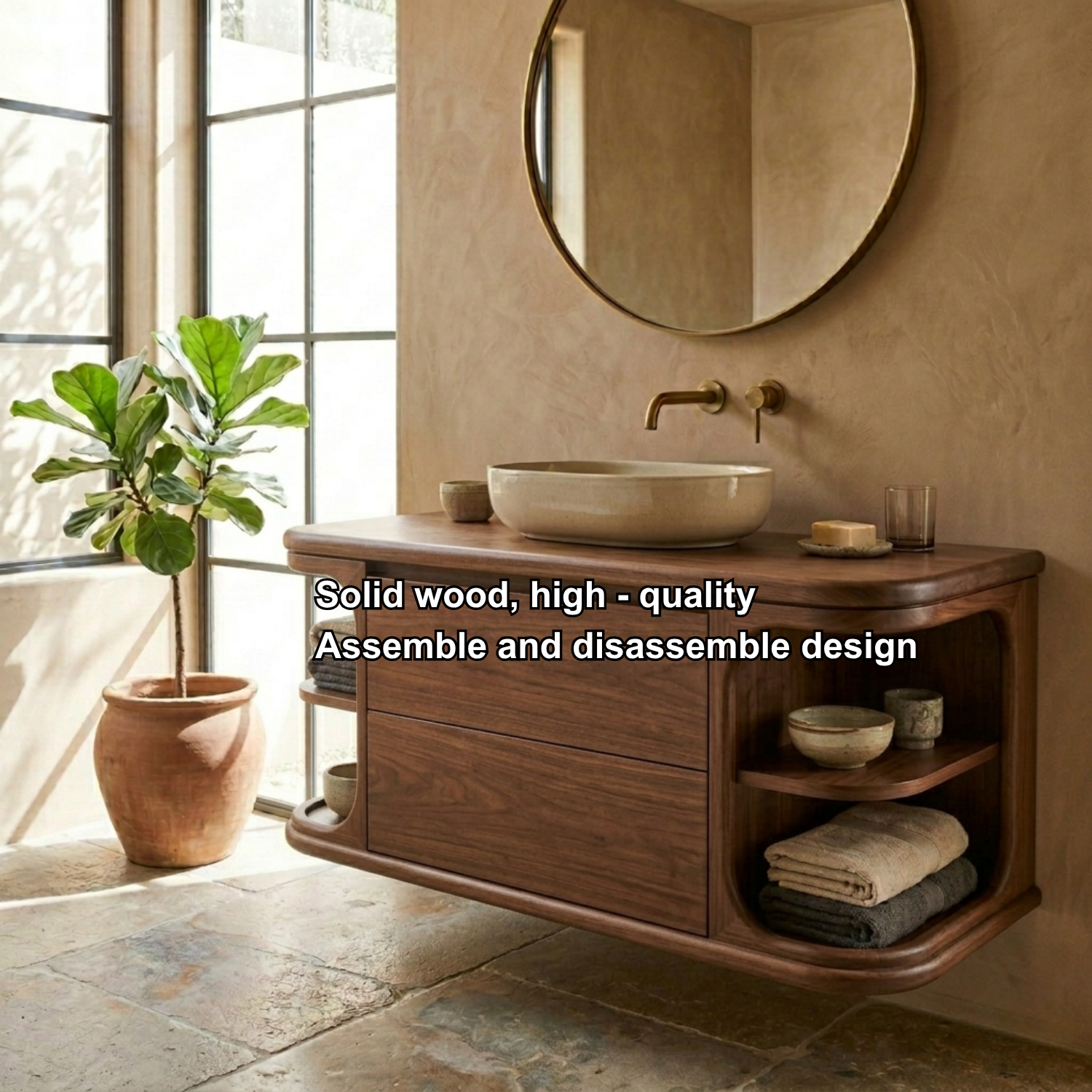 Floating Solid Wood Bathroom Vanity with Drawer Storage and Rounded Side Shelves