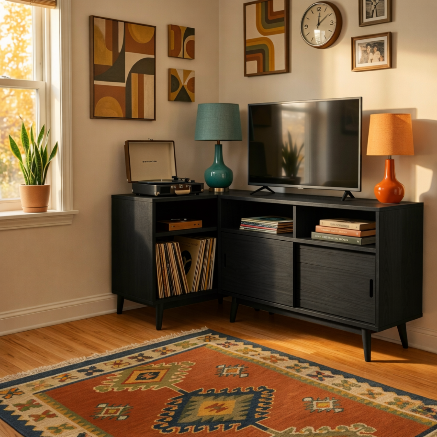 Solid Wood Corner TV Stand with Record Storage, Sliding Door Cabinet and Open Shelves