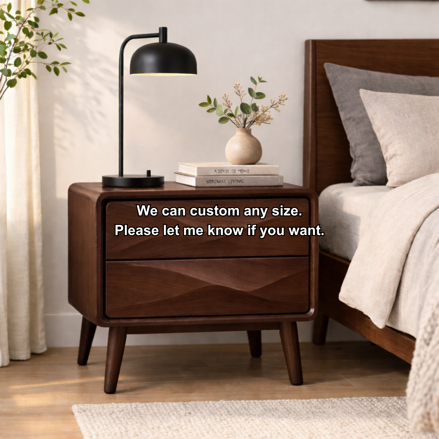 Mid-Century Solid Wood Nightstand with Wave Carved Drawers – Modern Bedside Table