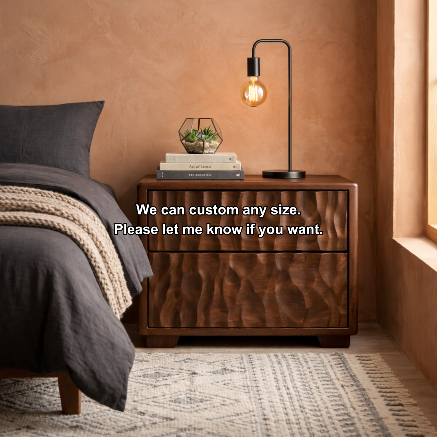 Solid Wood Nightstand with Textured Carved Drawers – Modern Rustic Bedside Table