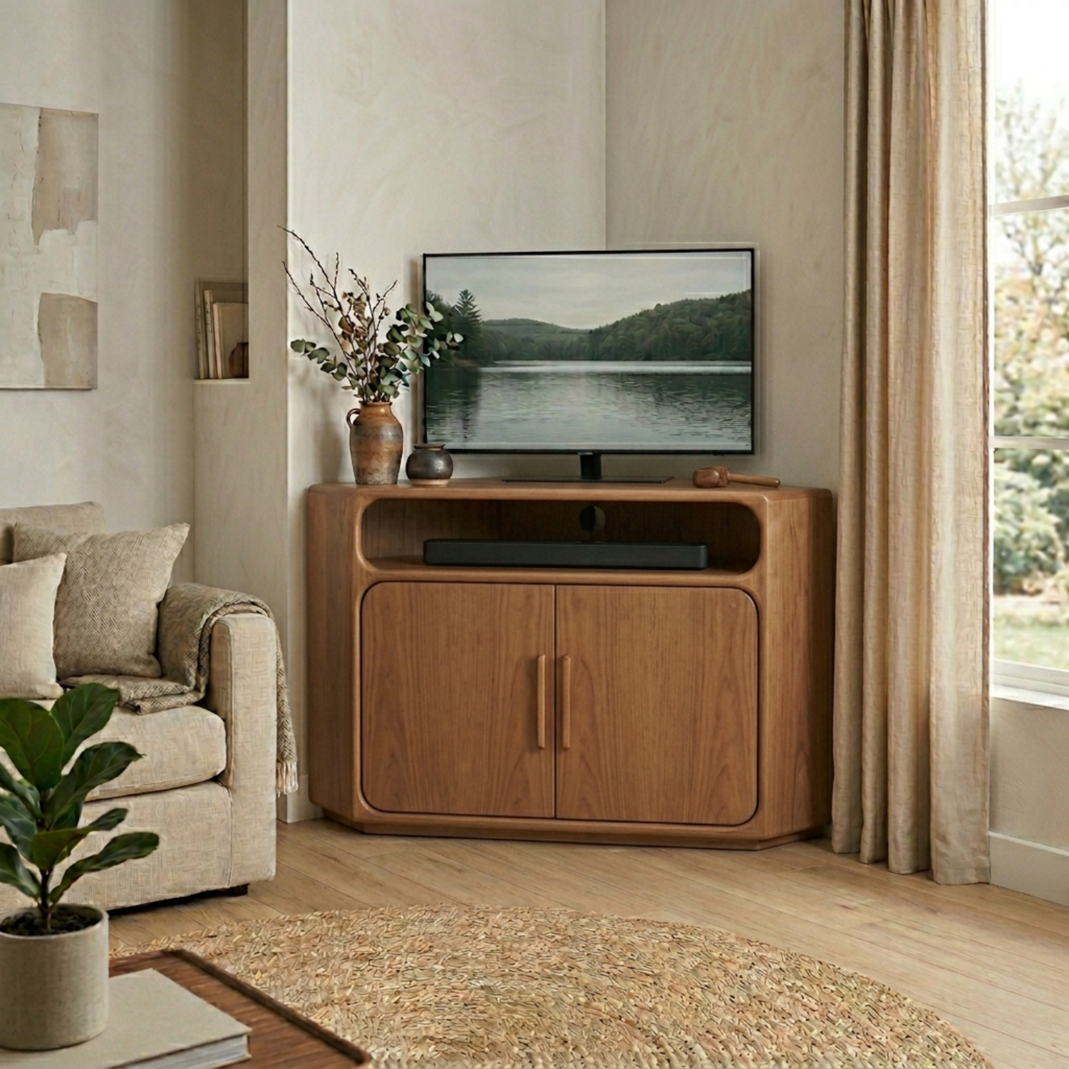 Solid Wood Corner TV Stand with Rounded Edges and Cabinet Storage – Corner Media Console