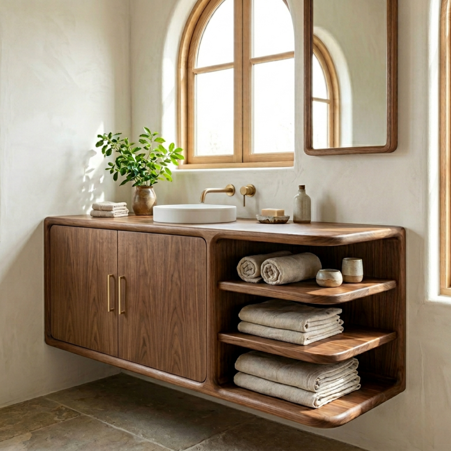 Floating Solid Wood Bathroom Vanity with Rounded Frame, Cabinet Doors and Open Shelving