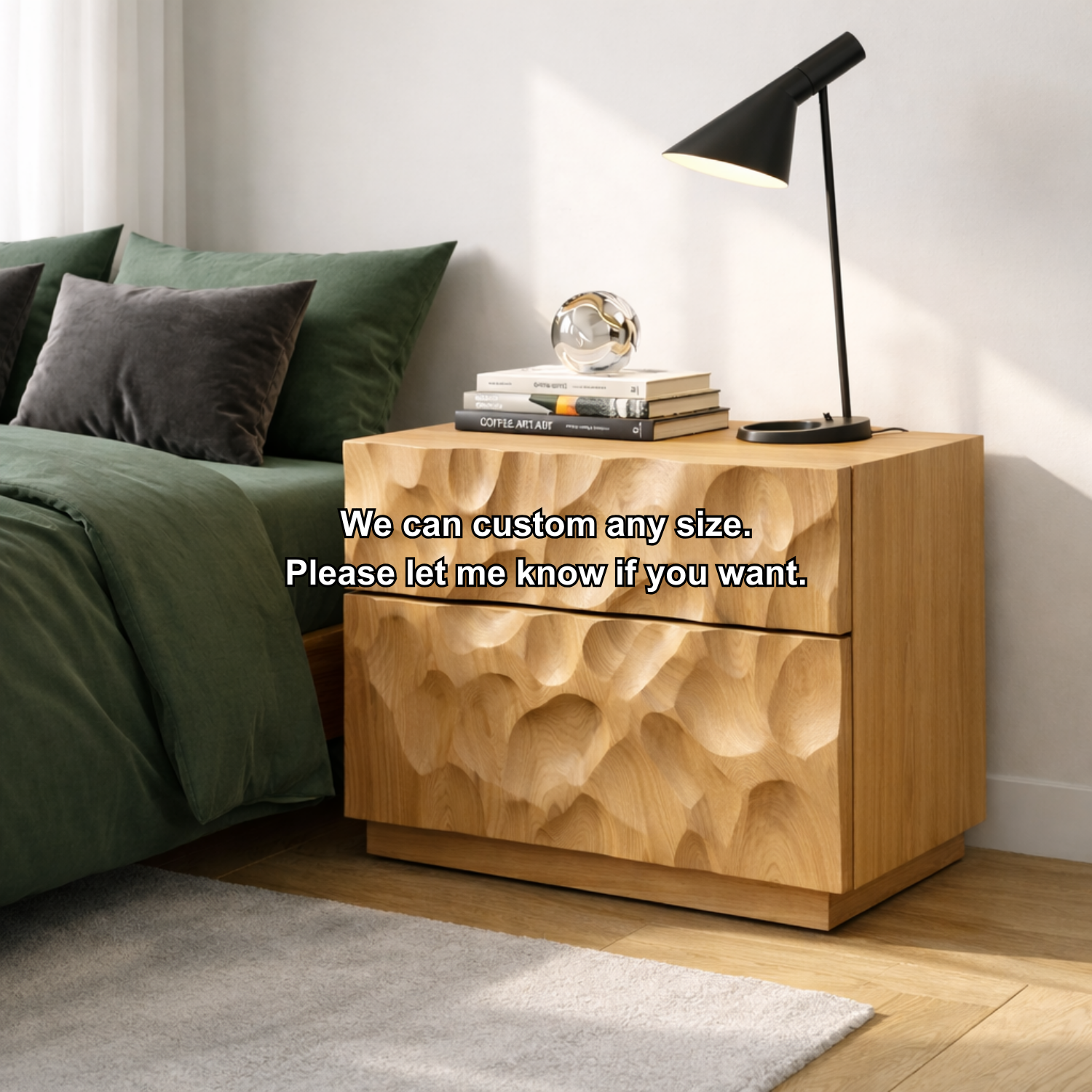Solid Wood Nightstand with Hand-Carved Drawer Front – Modern Sculptural Bedside Table