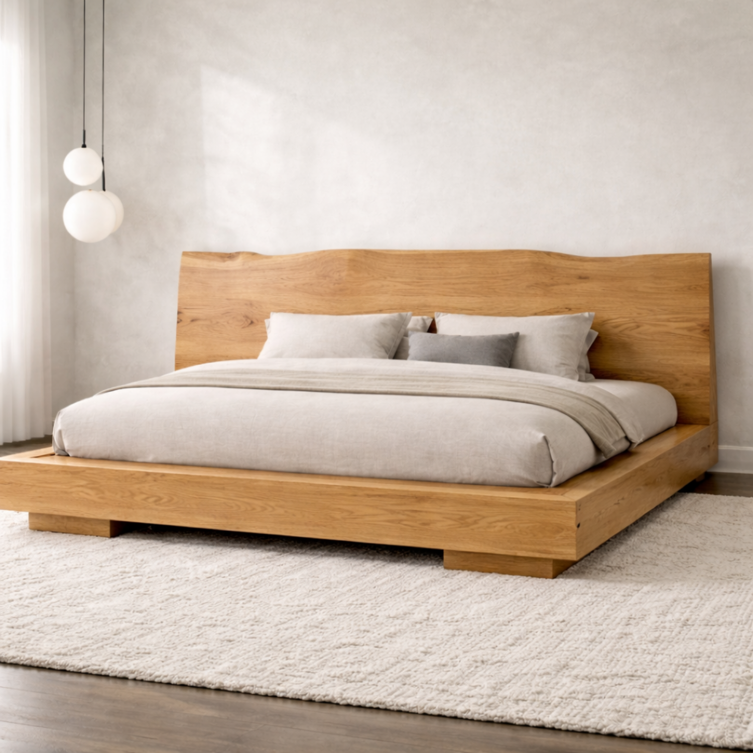 Modern Solid Wood Platform Bed Frame with Curved Headboard and Low Profile Base