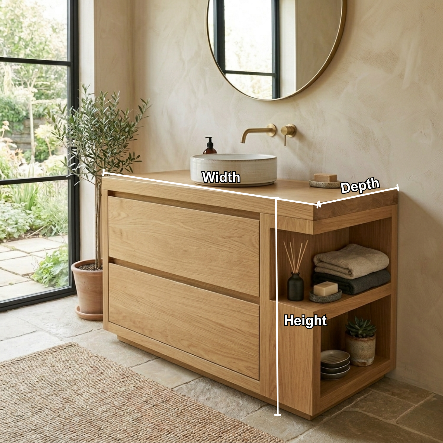 Solid Wood Bathroom Vanity with Two Drawers and Side Open Shelves
