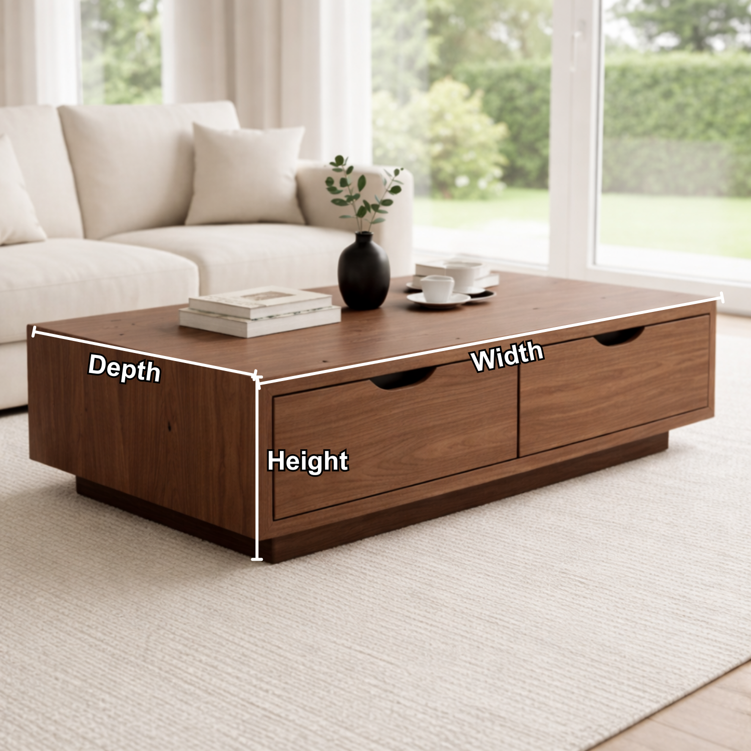 Solid Wood Coffee Table with Storage Drawers – Modern Low Profile Living Room Table