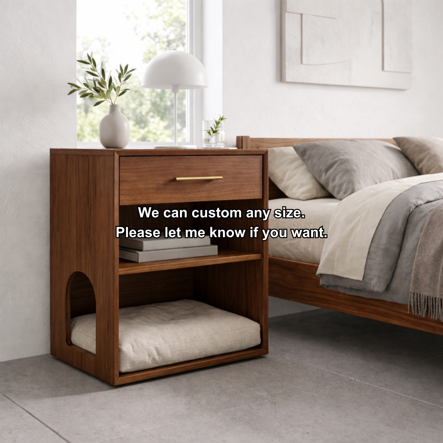 Solid Wood Bedside Table with Cat Sleeping Nook – Modern Nightstand with Drawer & Shelf