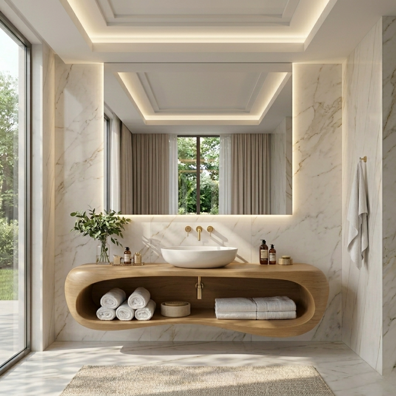 Solid Wood Floating Bathroom Vanity with Curved Open Shelf – Modern Wall Mounted Vanity