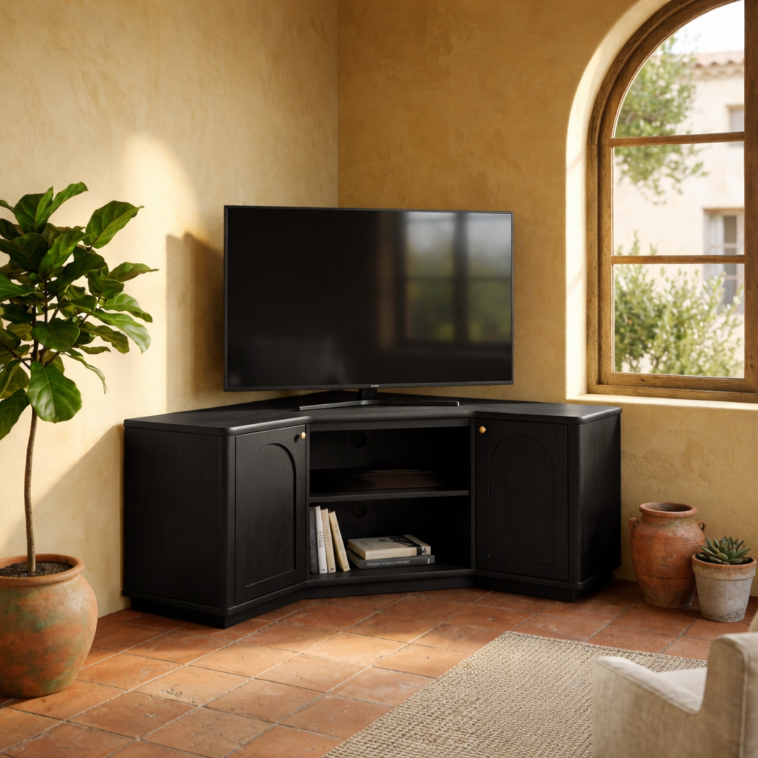 Solid Wood Corner TV Stand with Arched Cabinet Doors and Open Media Shelf