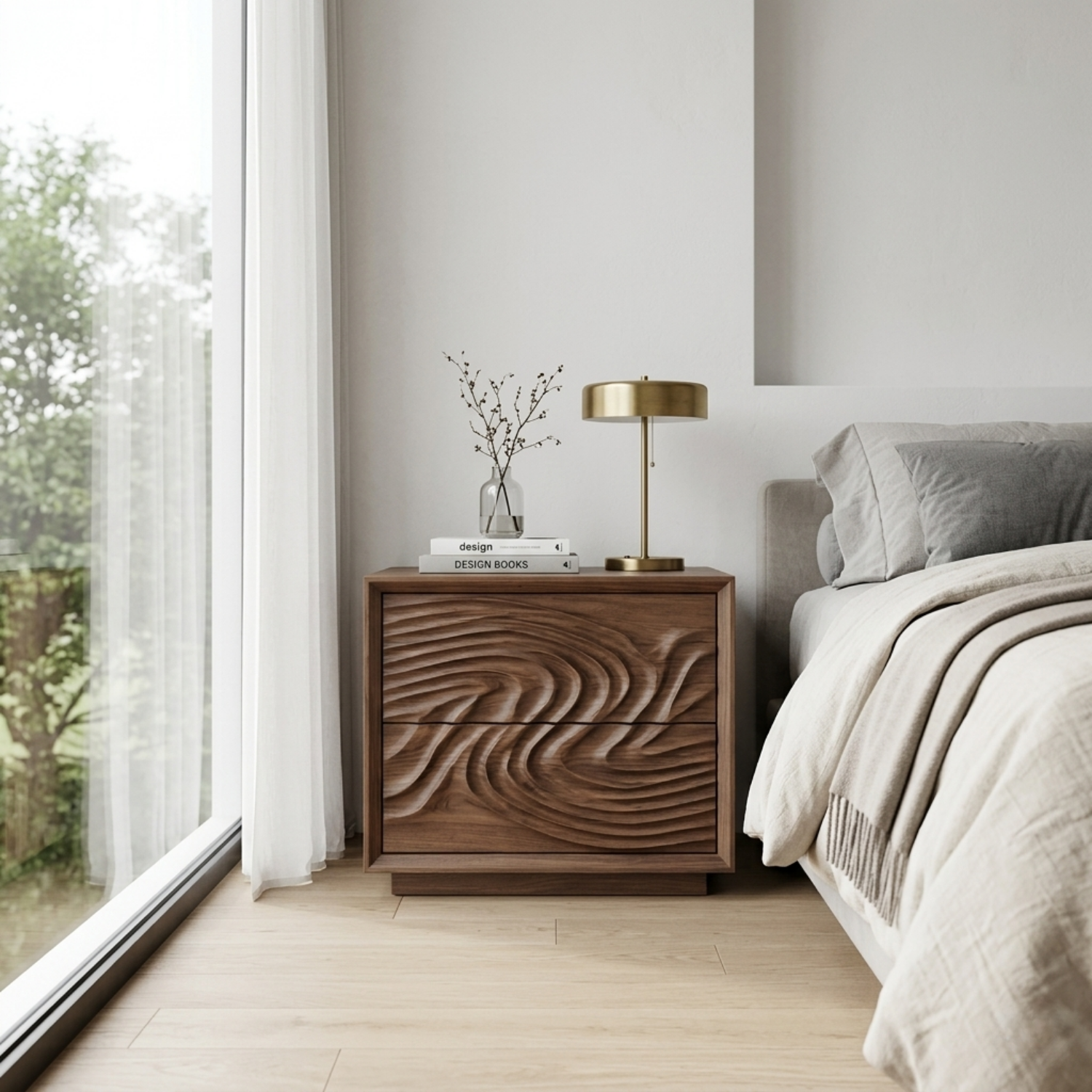 Solid Wood Nightstand with Sculpted Wave Drawers – Modern Carved Bedside Table