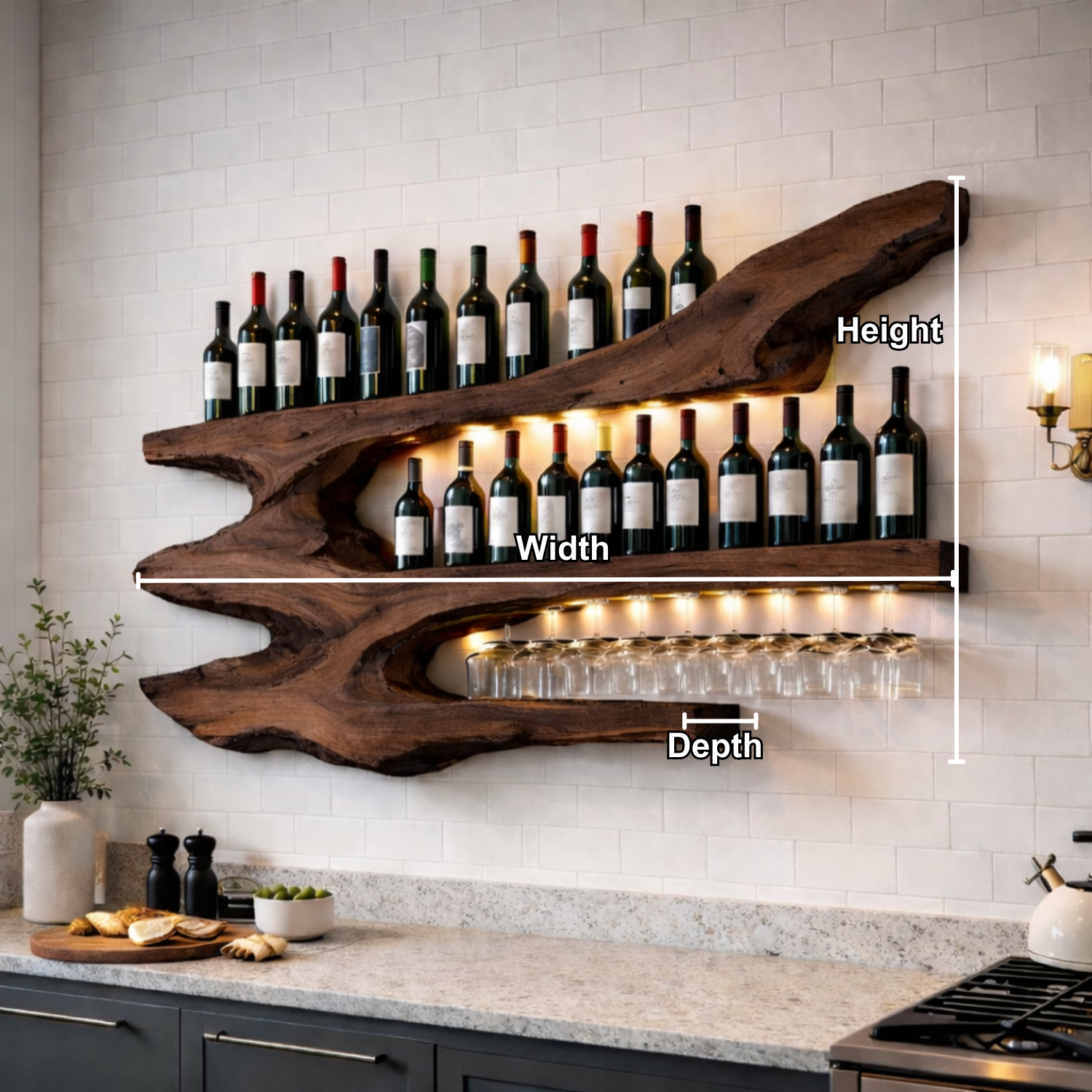 Solid Wood Live Edge Wall Wine Rack with Multi Bottle Shelves and Hanging Glass Holder