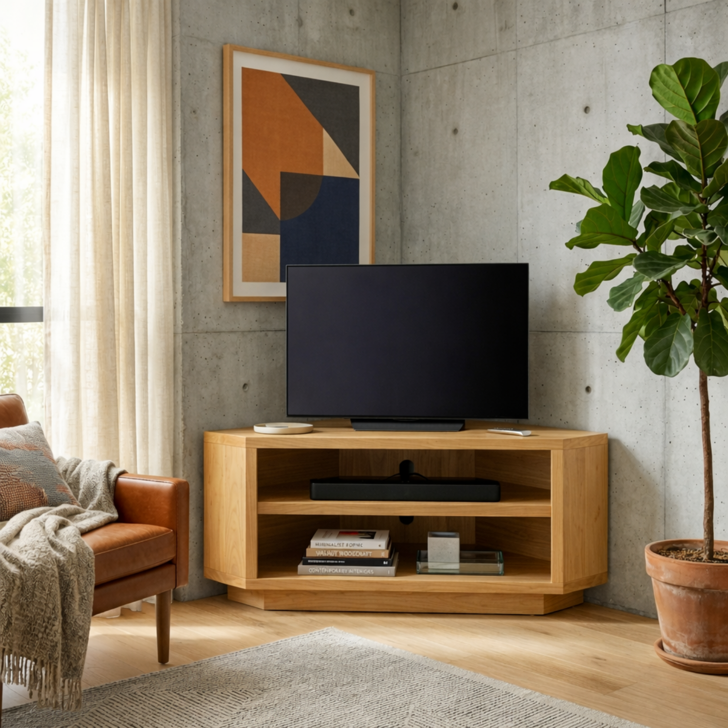 Solid Wood Corner TV Stand with Open Shelving – Space Saving Media Console