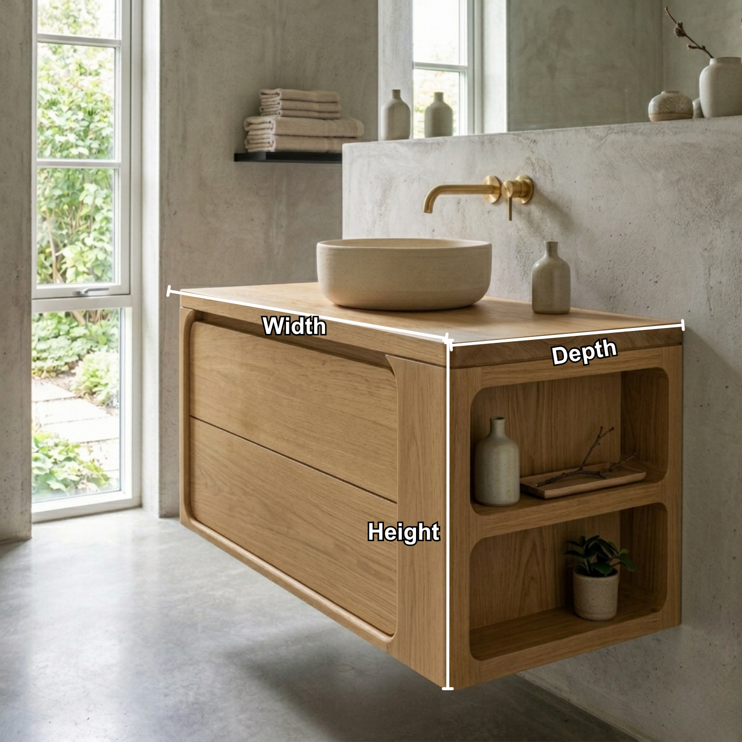 Floating Solid Wood Bathroom Vanity with Curved Frame and Integrated Side Shelves