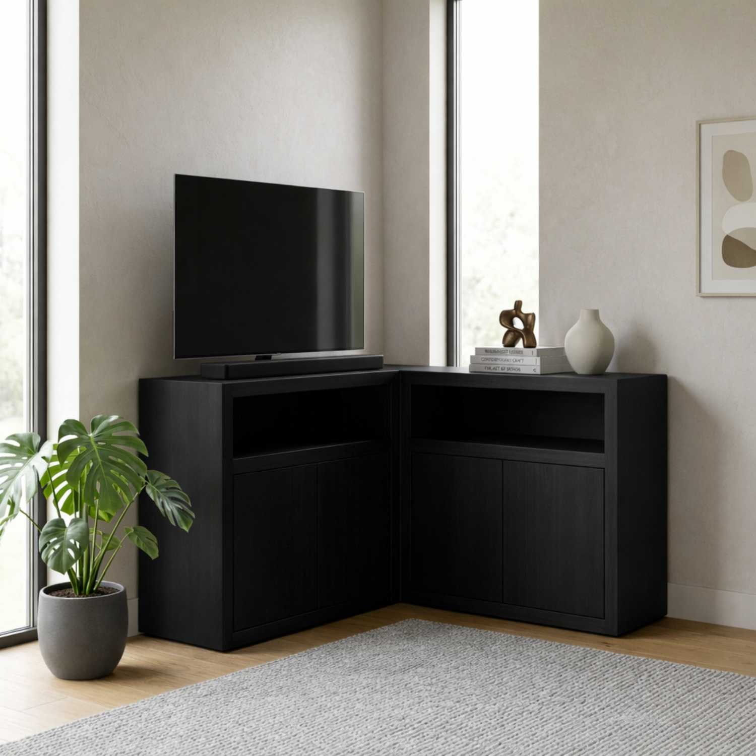 Solid Wood Corner TV Stand with Cabinet Storage and Open Media Shelf
