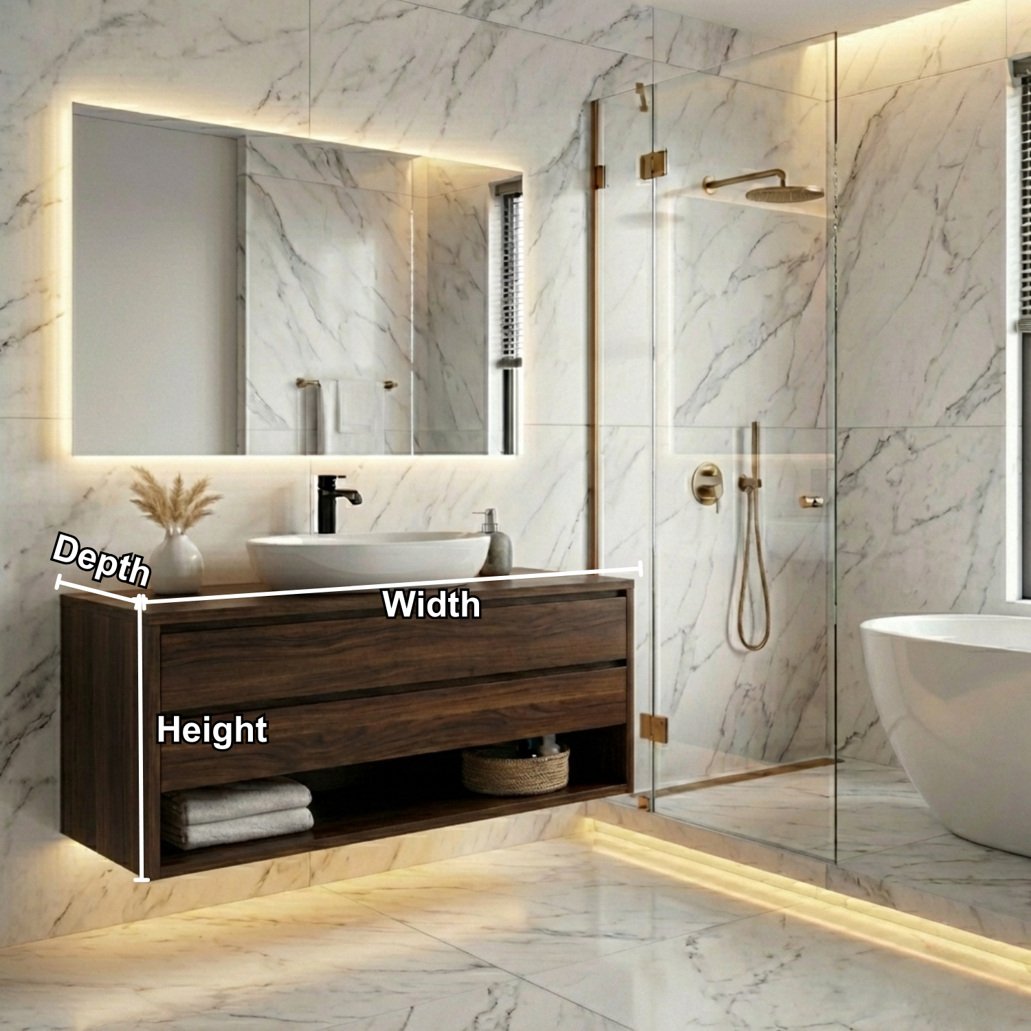 Floating Solid Wood Bathroom Vanity with Drawers and Open Shelf – Wall Mounted