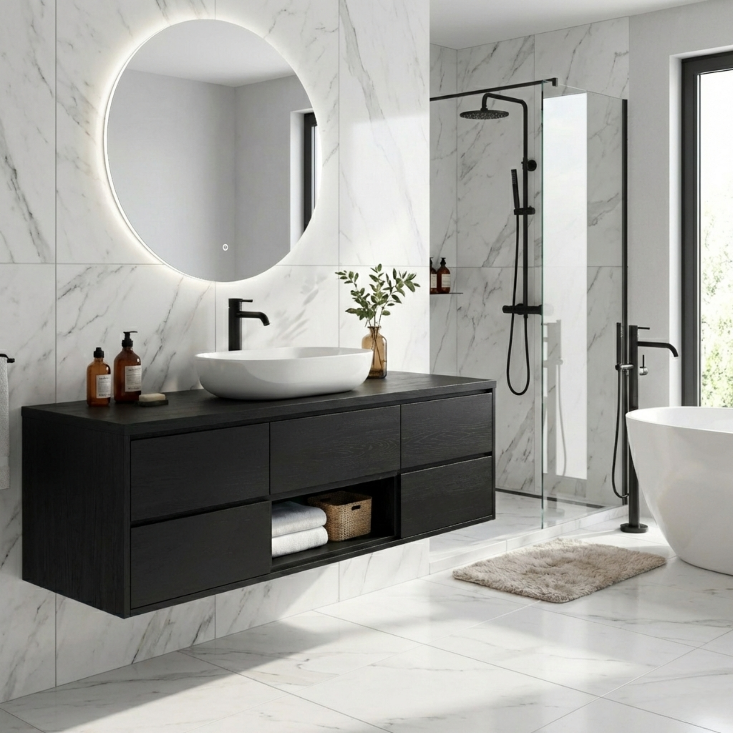 Modern Floating Solid Wood Bathroom Vanity with Drawers and Open Shelf