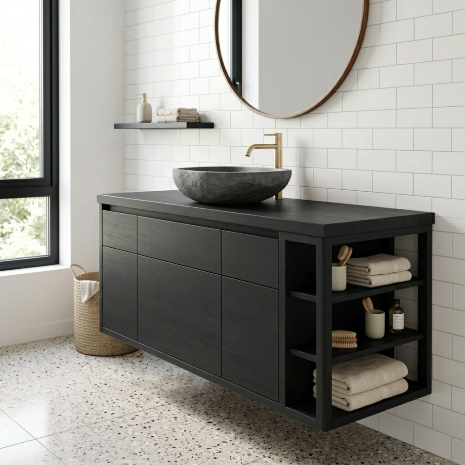 Floating Solid Wood Bathroom Vanity with Cabinet Doors and Side Open Shelving