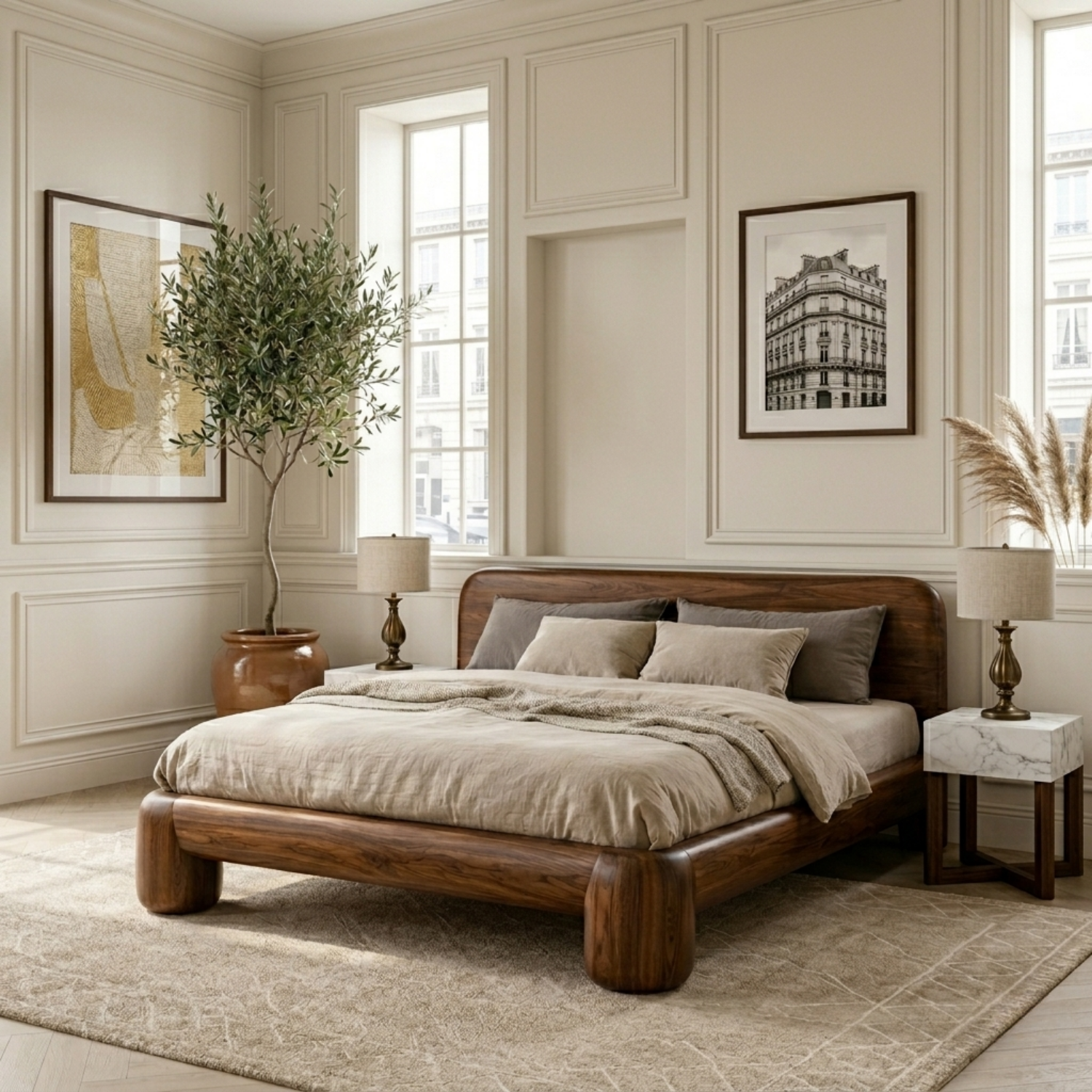 Solid Wood Platform Bed Frame with Rounded Corners and Sculpted Legs