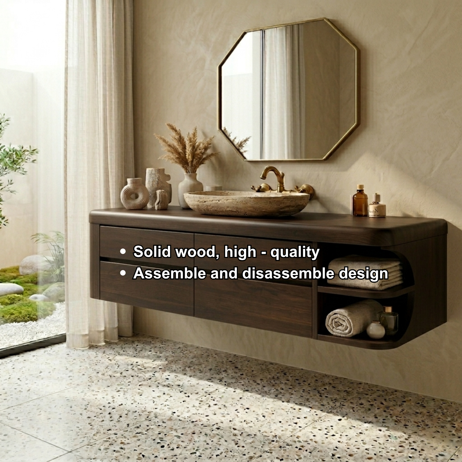 Floating Solid Wood Bathroom Vanity with Four Drawers and Rounded Side Open Shelf