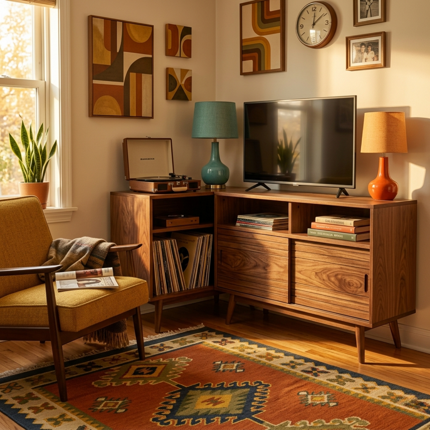Solid Wood Corner TV Stand with Record Storage, Sliding Door Cabinet and Open Shelves