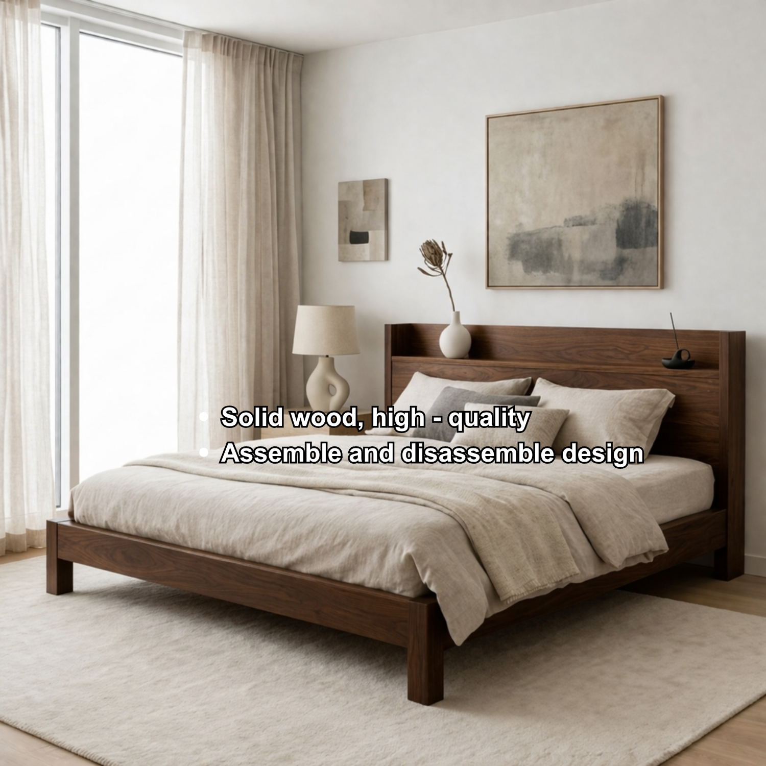 Scandinavian Style Solid Wood Platform Bed Frame with Minimalist Headboard Shelf
