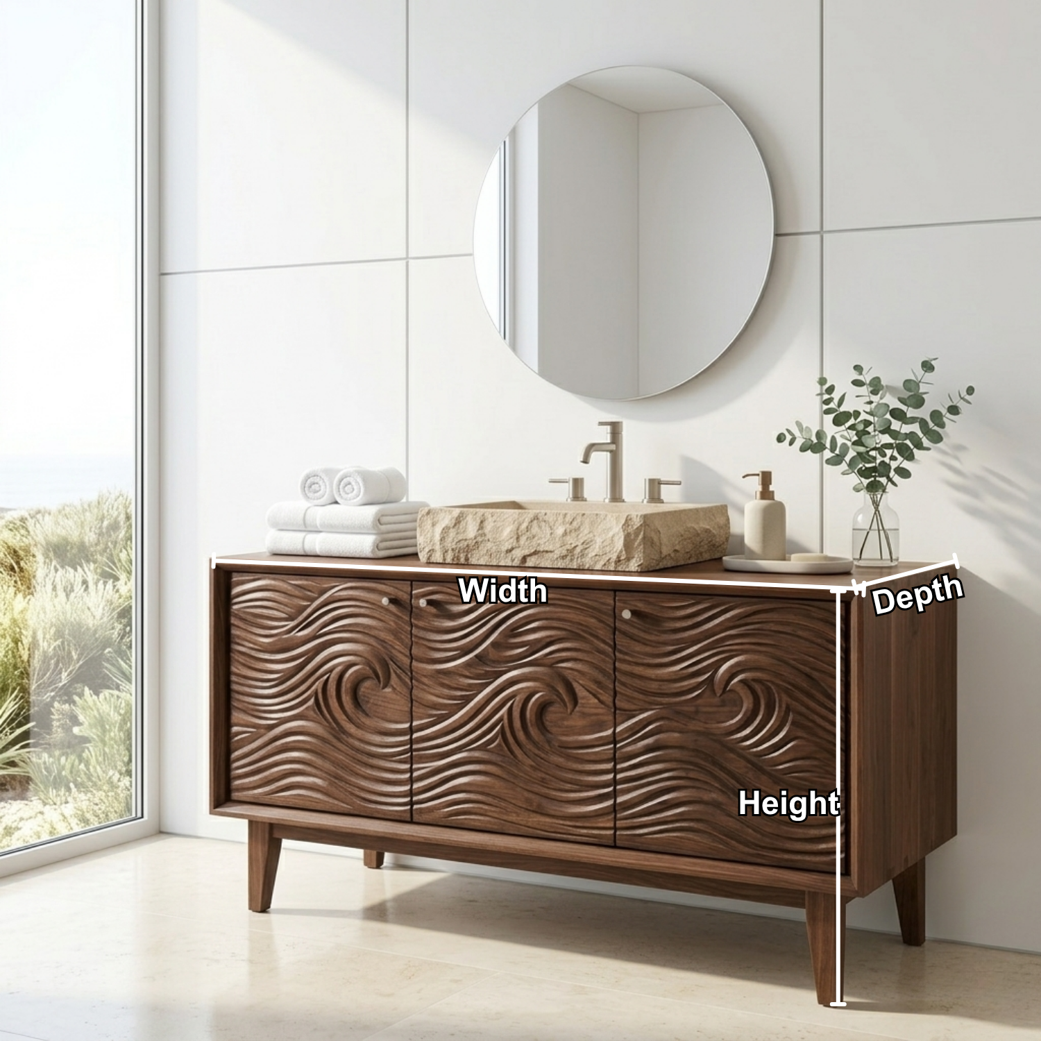 Handcrafted Wave Carved Solid Wood Bathroom Vanity - Modern Organic Credenza Cabinet