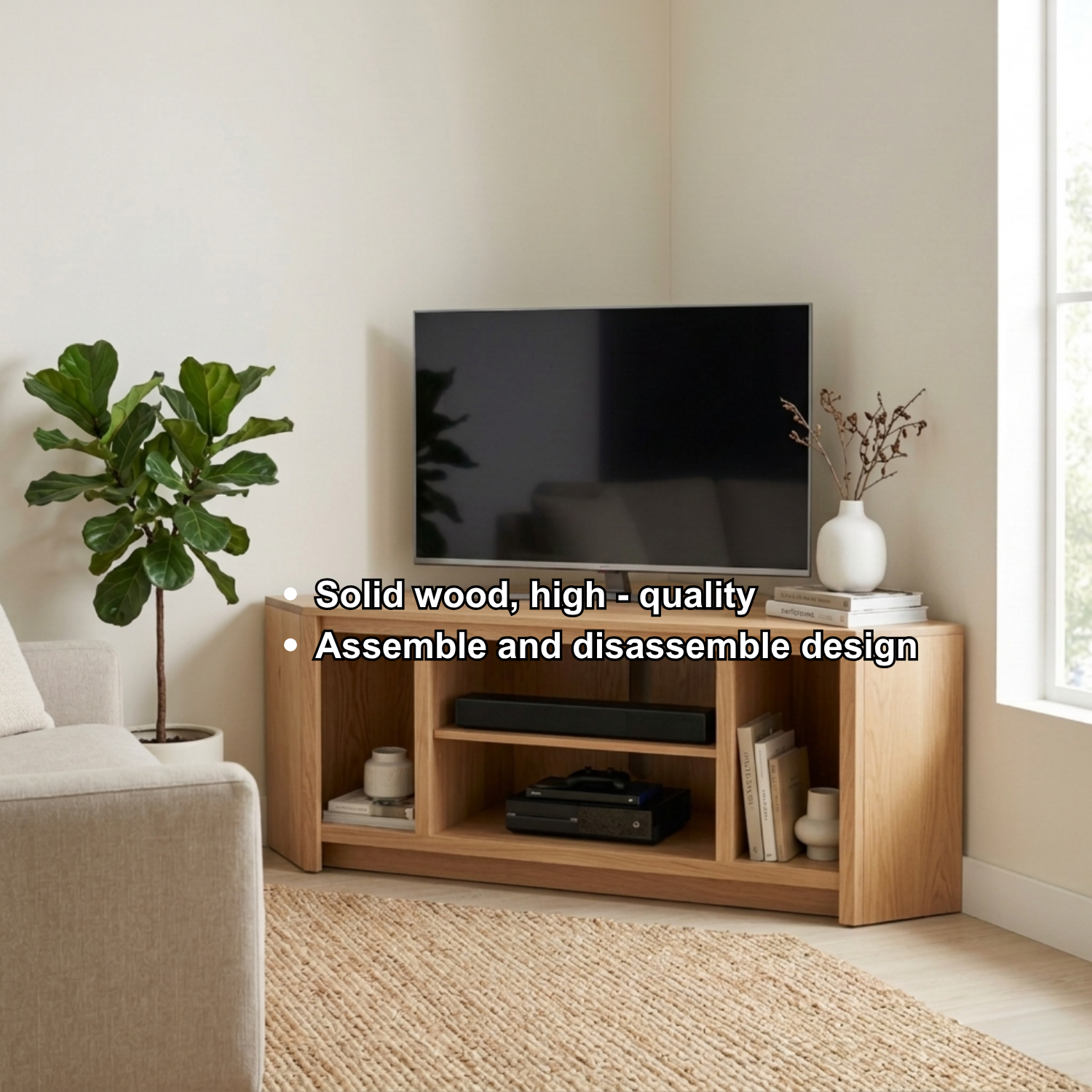 Solid Wood Corner TV Stand with Open Compartments – Modern Corner Media Console