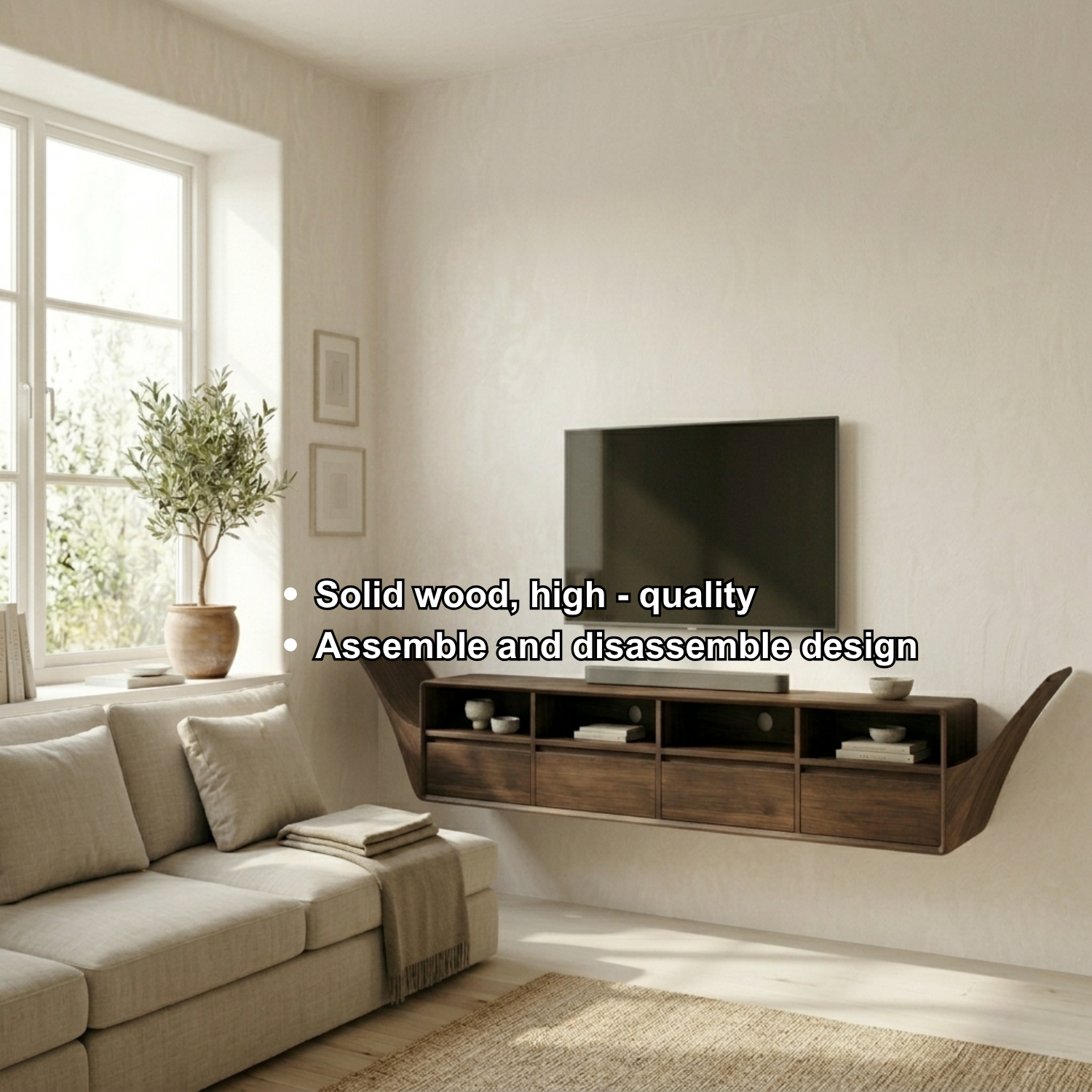 Floating Solid Wood TV Stand with Open Shelves and Drawers – Wall Mounted Media Console