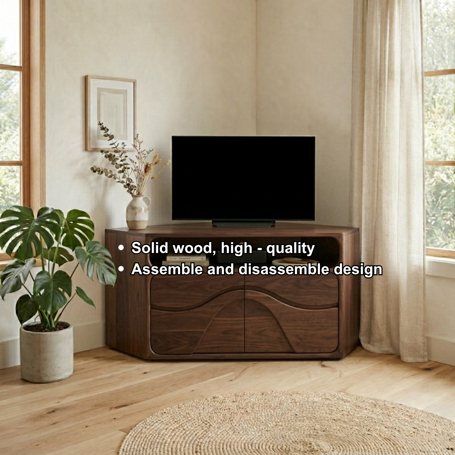 Solid Wood Corner TV Stand with Curved Cabinet Doors and Open Shelf Media Storage