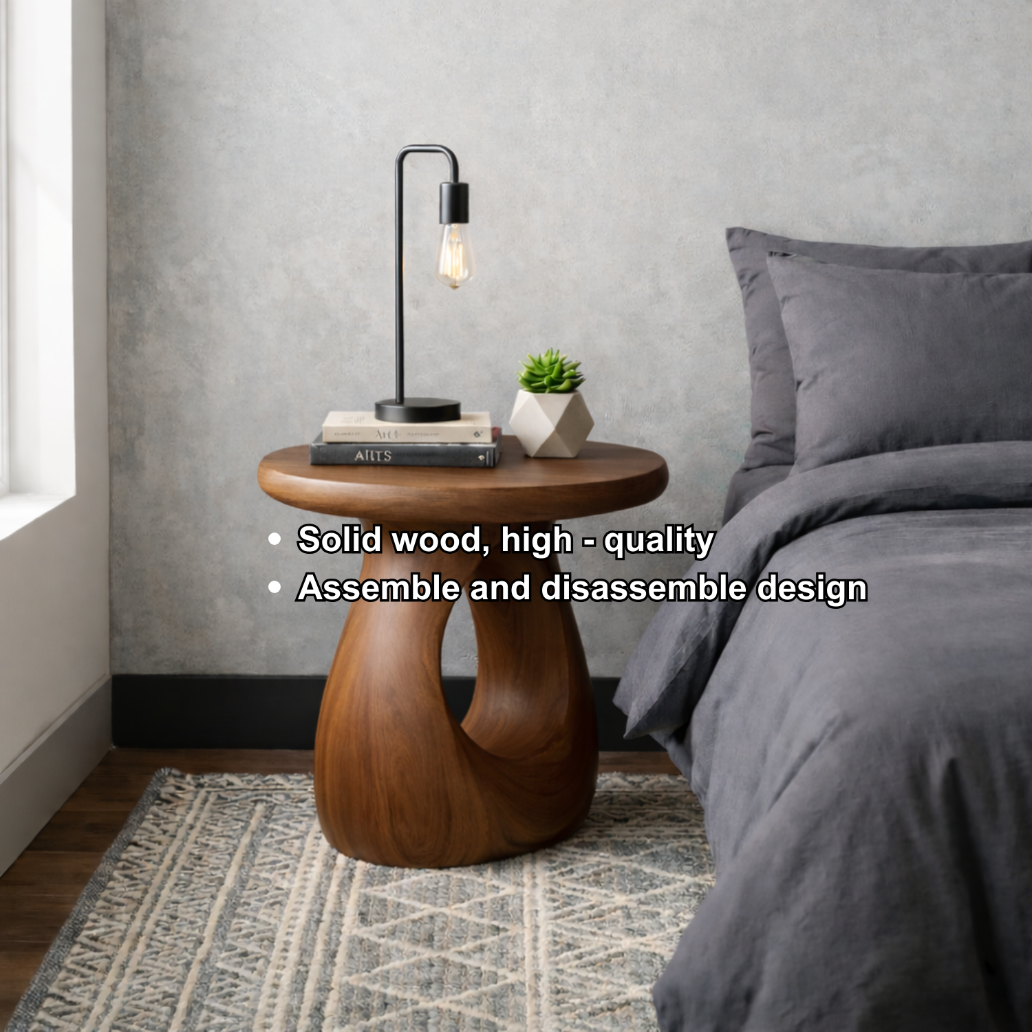 Solid Wood Round Nightstand – Sculptural Modern Bedside Table with Natural Wood Grain