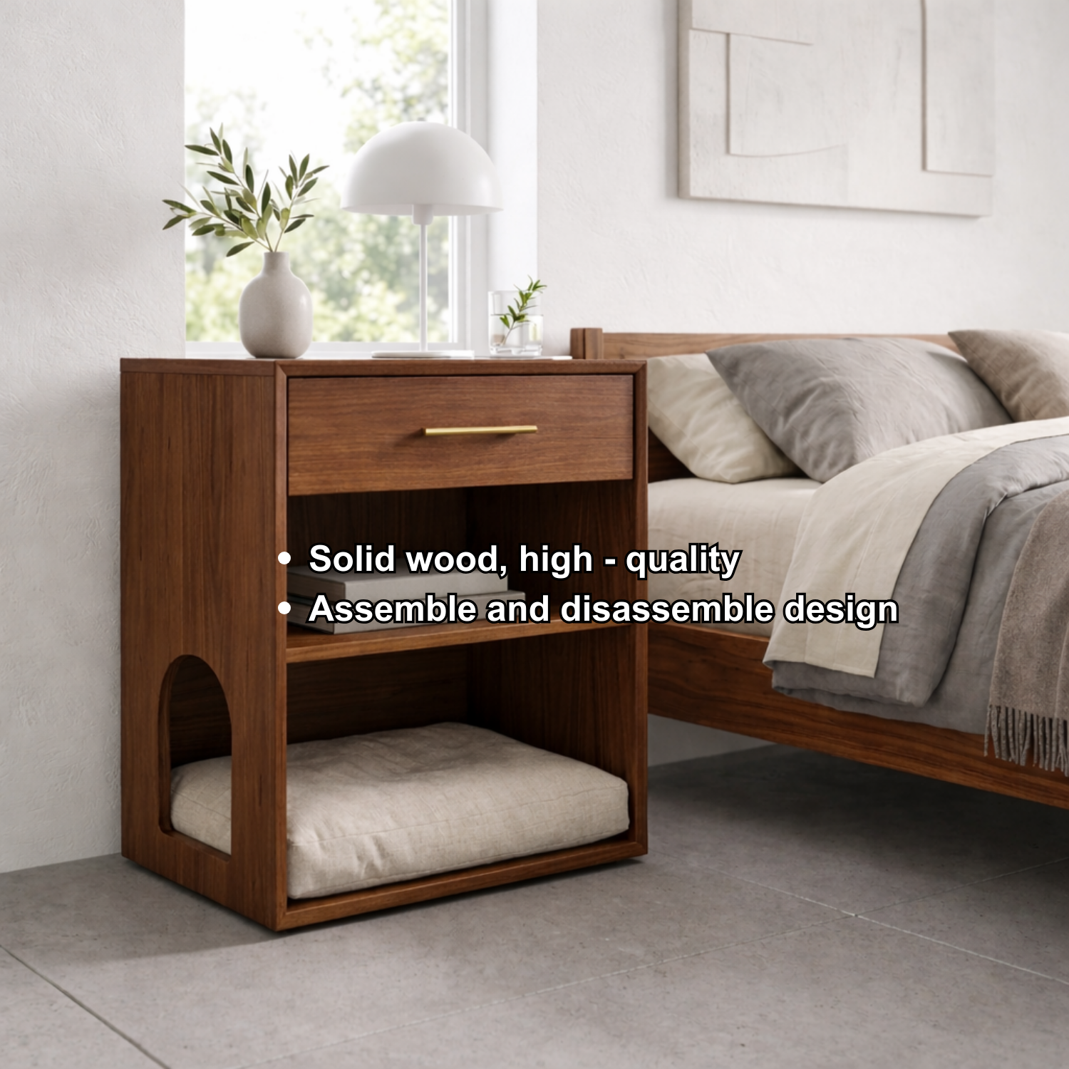 Solid Wood Bedside Table with Cat Sleeping Nook – Modern Nightstand with Drawer & Shelf