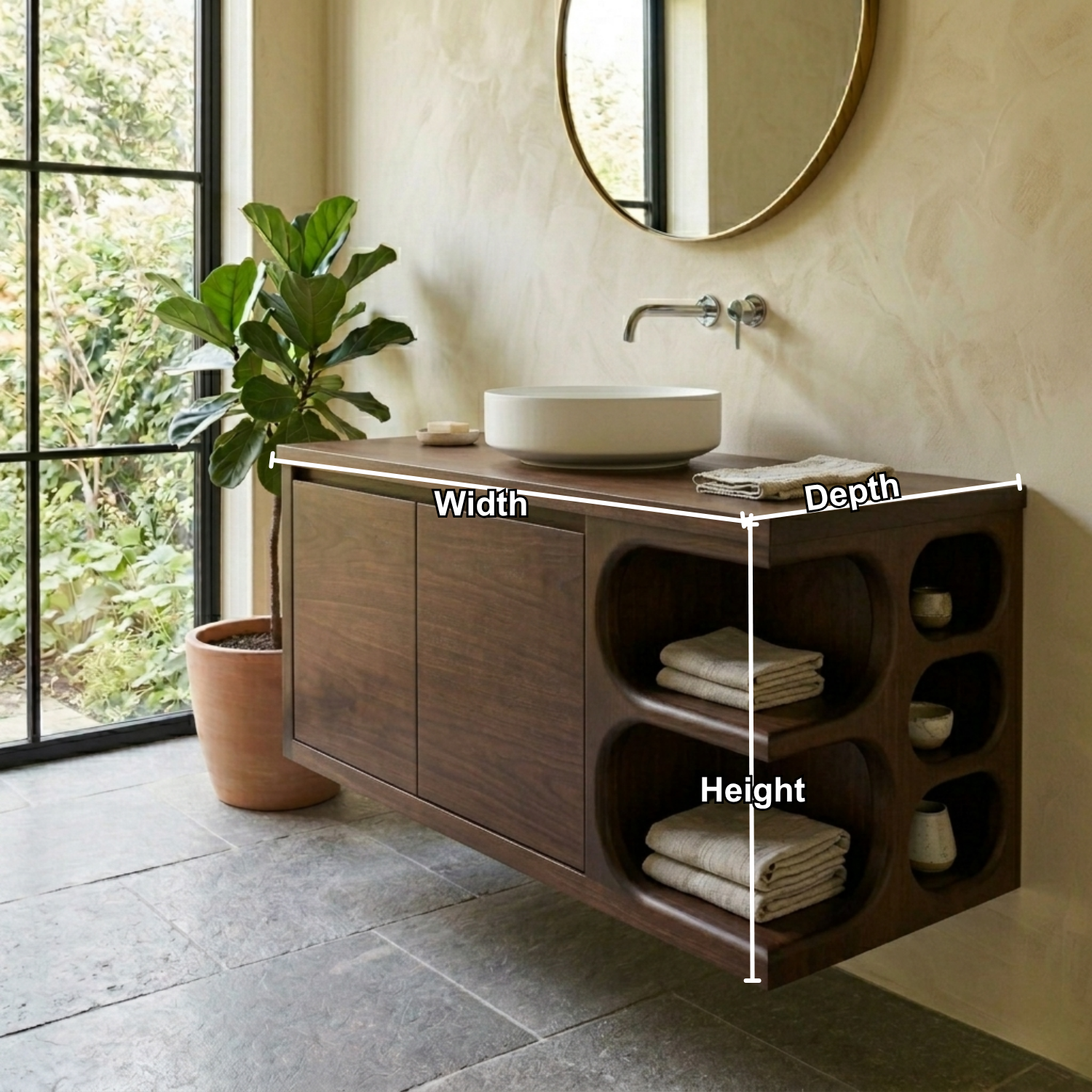 Floating Solid Wood Bathroom Vanity with Cabinet Doors and Sculpted Side Storage