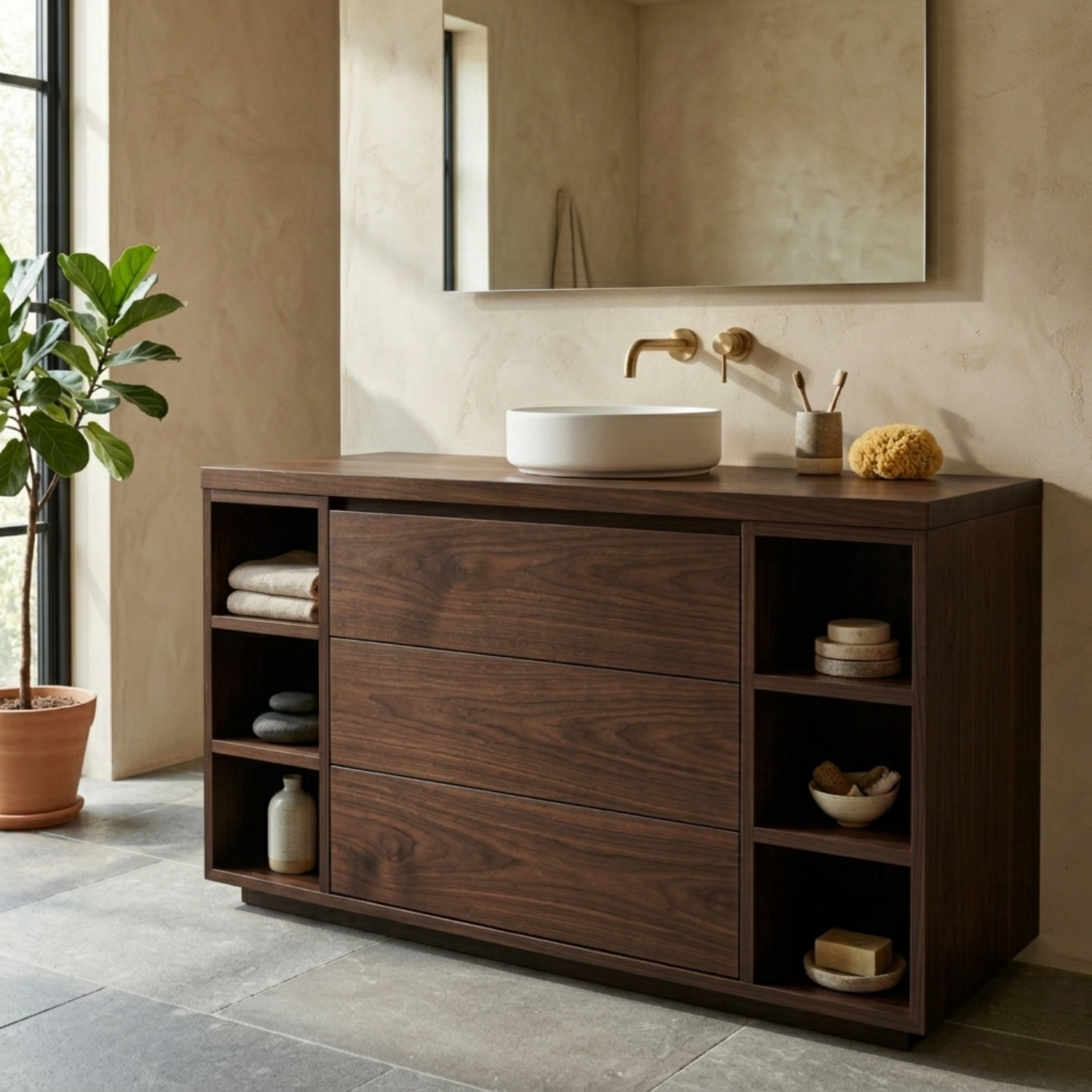 Solid Wood Bathroom Vanity with Three Drawers and Open Side Shelves on Both Sides